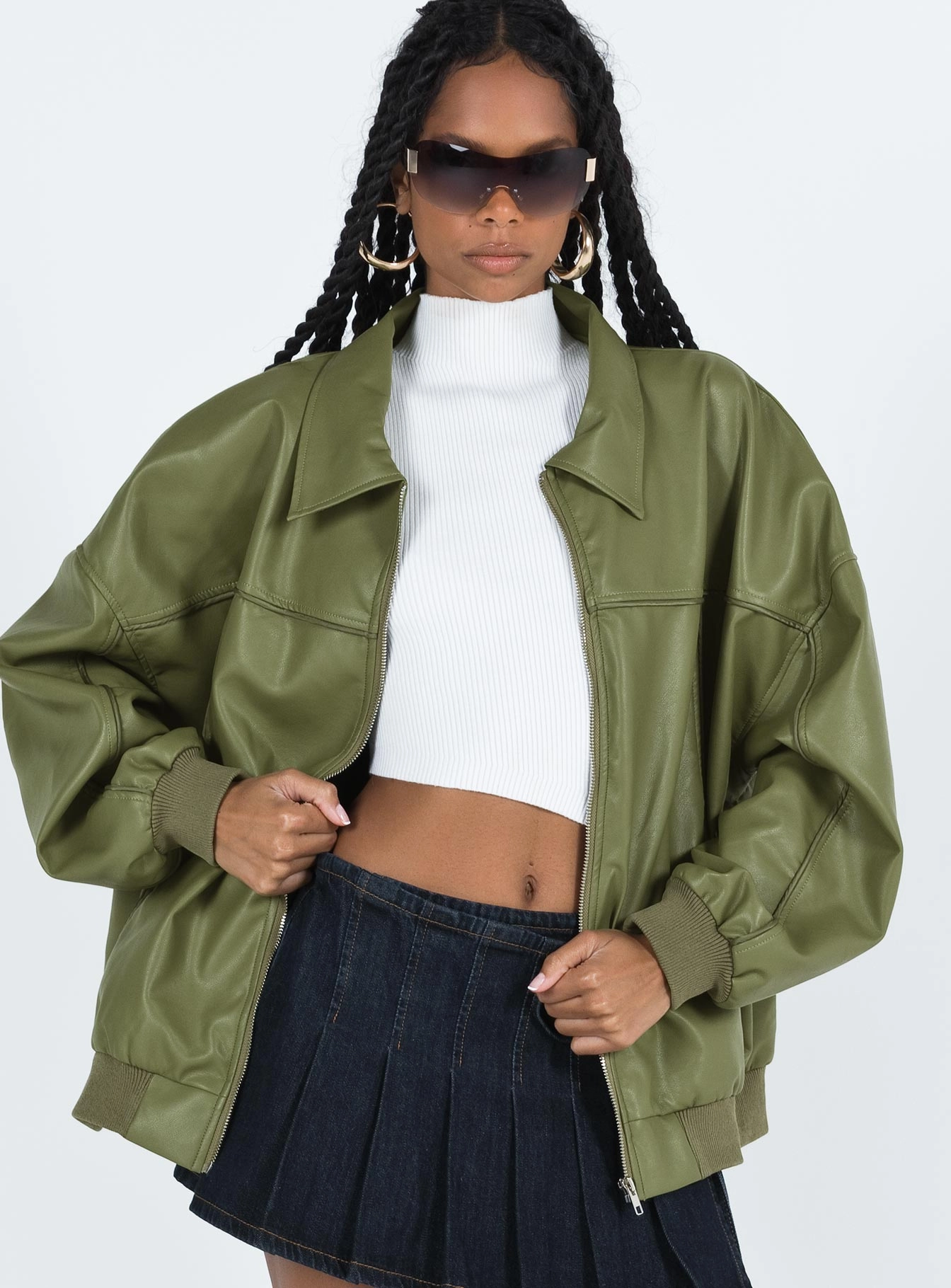 Soft Interior Coating Ergonomic Drape Goldsmith Faux Leather Bomber Jacket Green
