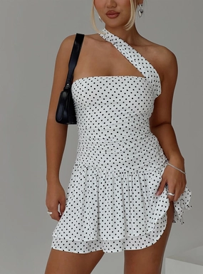 Perfect For Work Cool Finish Escapades One Shoulder Mini Dress White / Black Polka