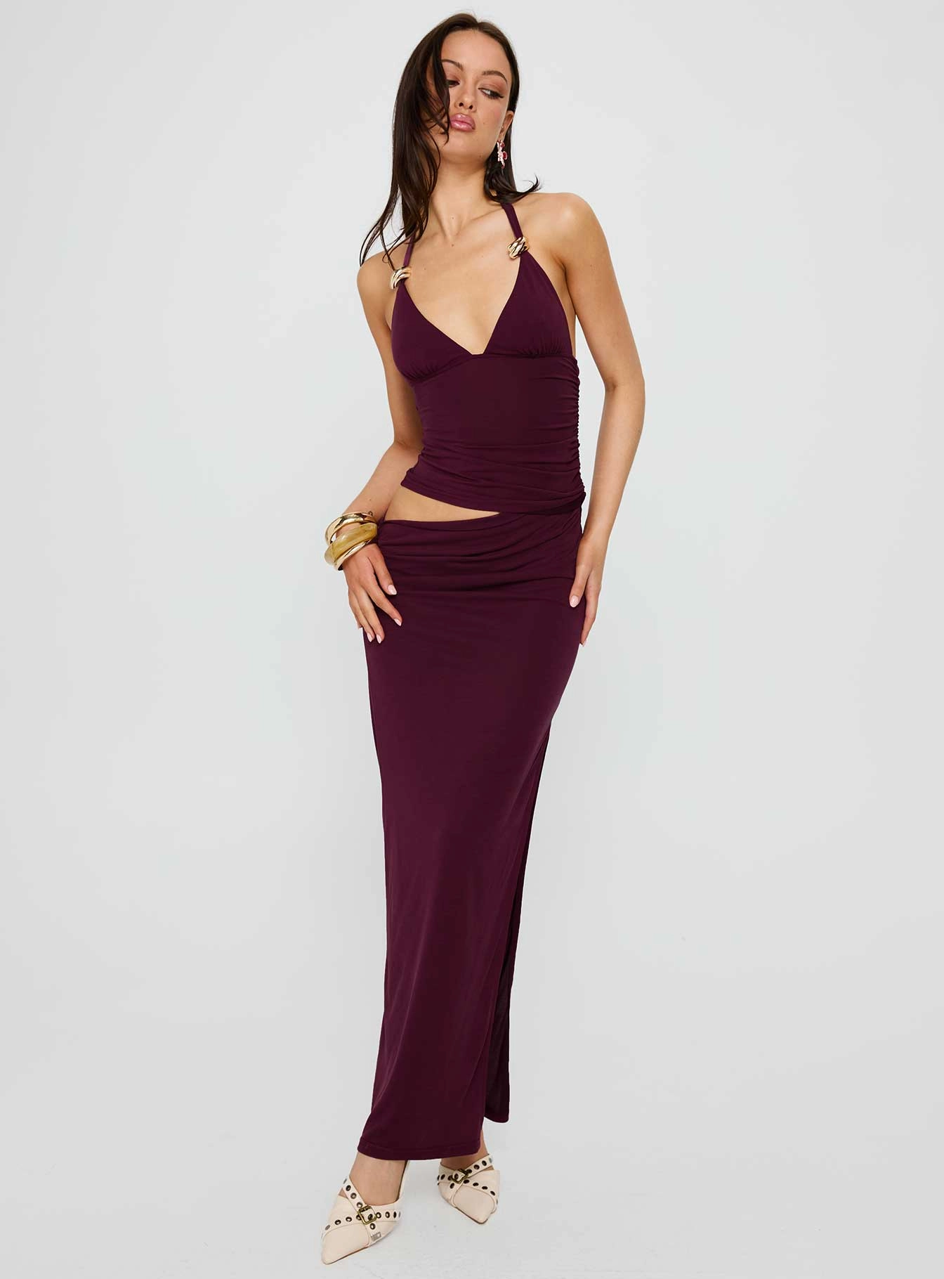 Imeraldia Hardware Halter Maxi Dress Currant Trendy Layering Pure Stitch