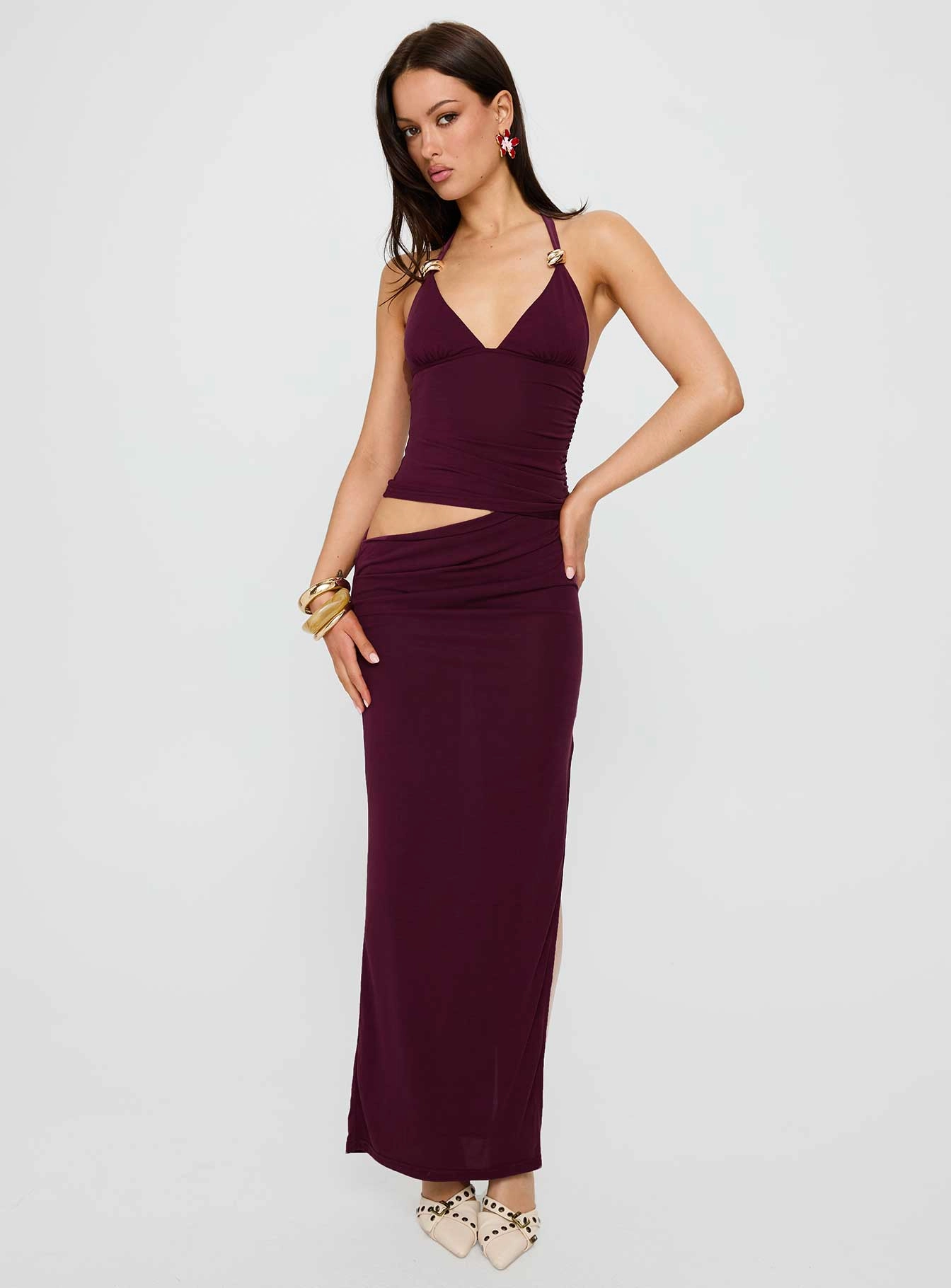 Imeraldia Hardware Halter Maxi Dress Currant Playful touch