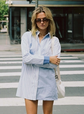 Silky Surface Balanced Texture Rouni Shirt Dress White / Blue