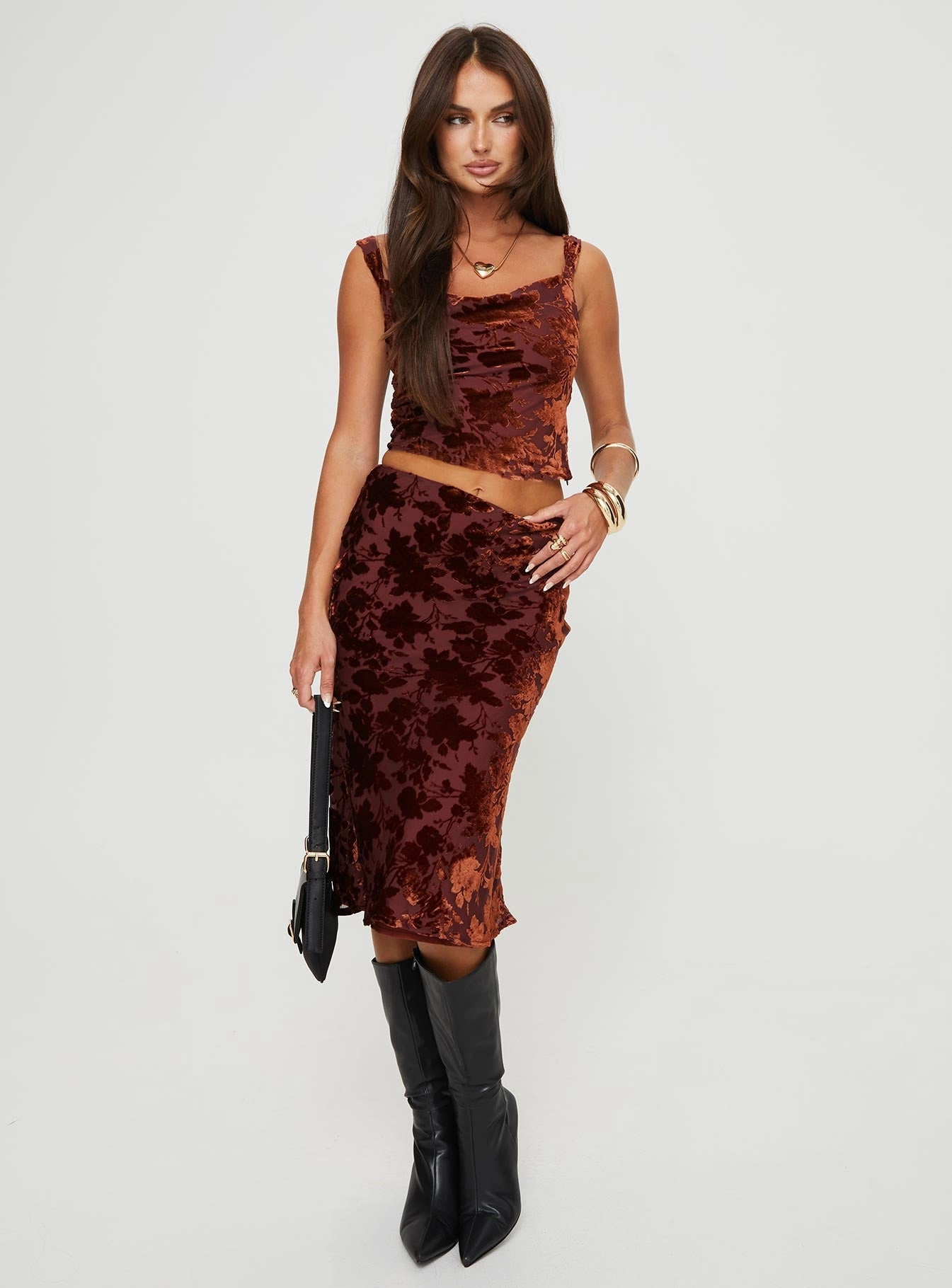Devore Midi Skirt Burgundy Style Fusion