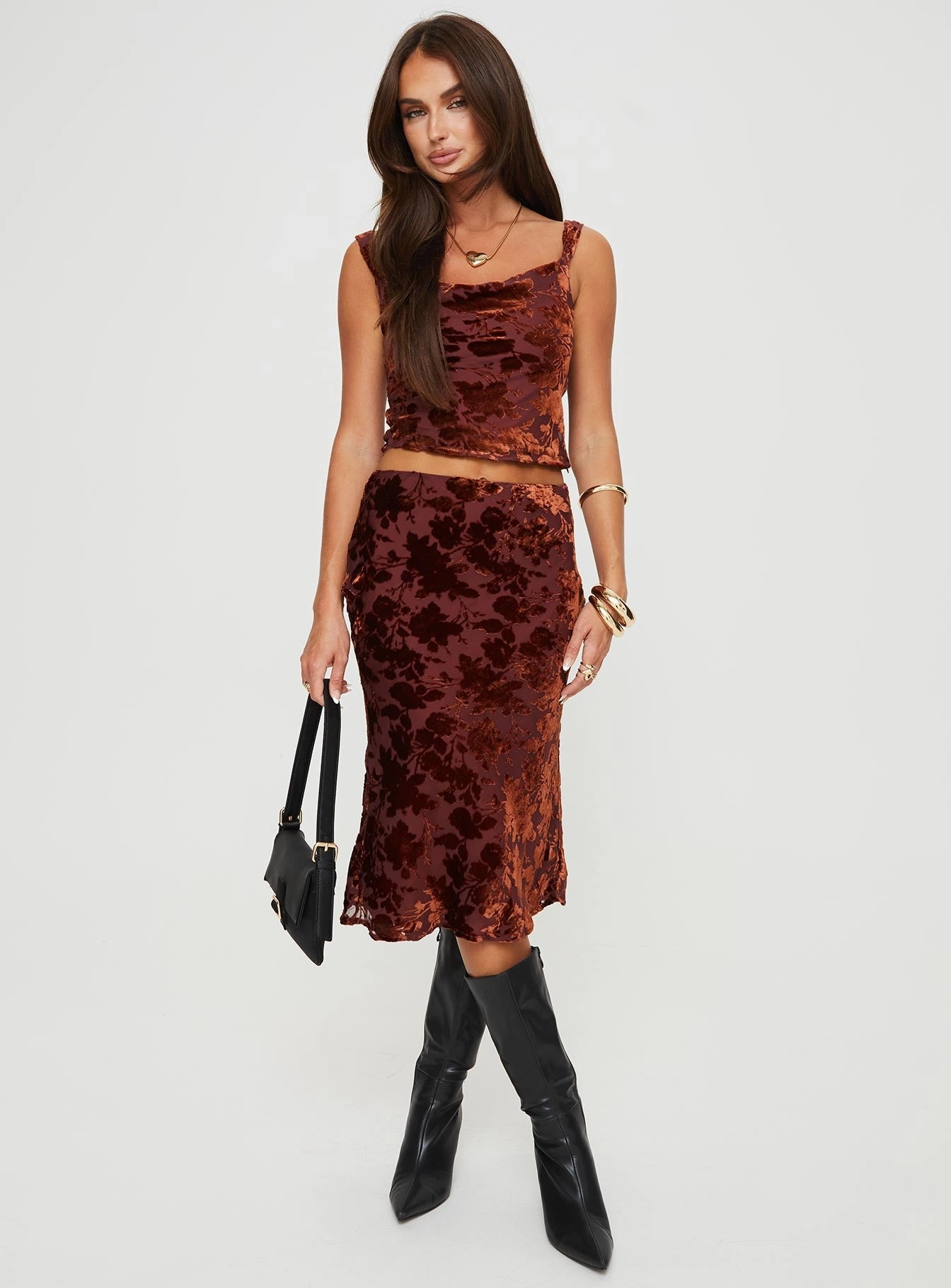 Devore Midi Skirt Burgundy Texture Shot Minimal Vibe