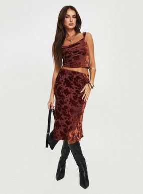 yoga session Ankle length Devore Midi Skirt Burgundy