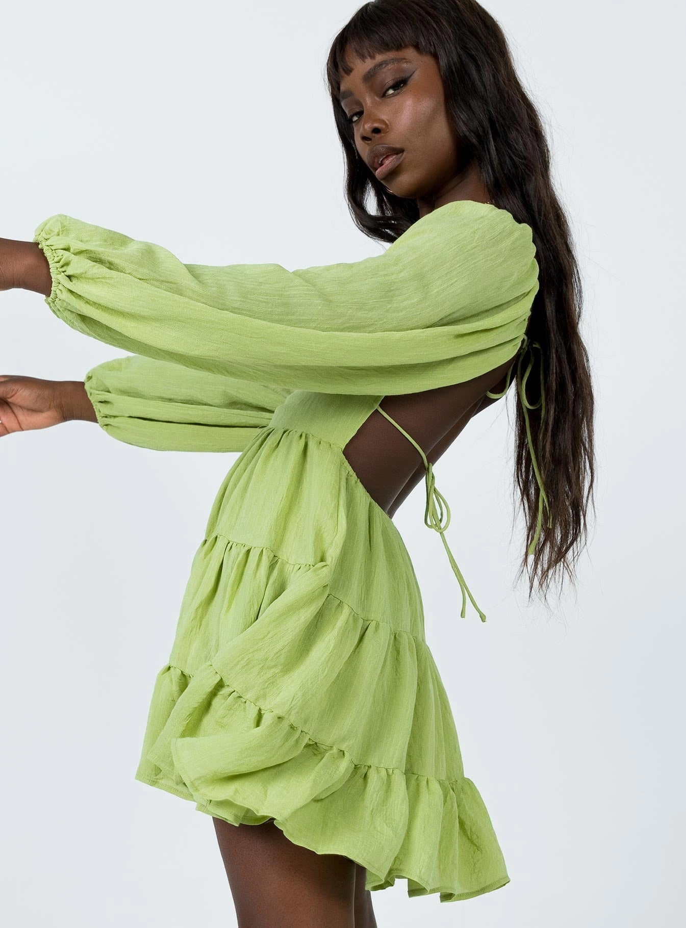 Shiny surface Feminine fit-and-flare silhouette Danny Long Sleeve Mini Dress Green