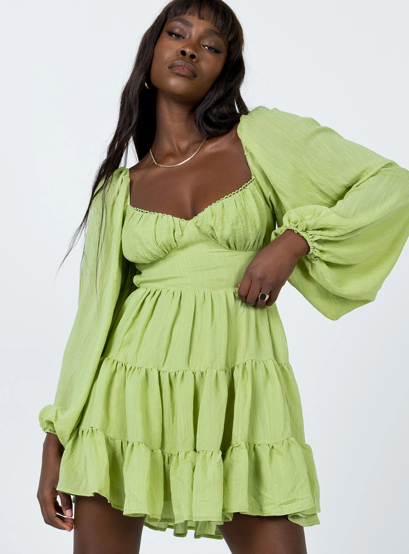 Danny Long Sleeve Mini Dress Green Piped-Edge