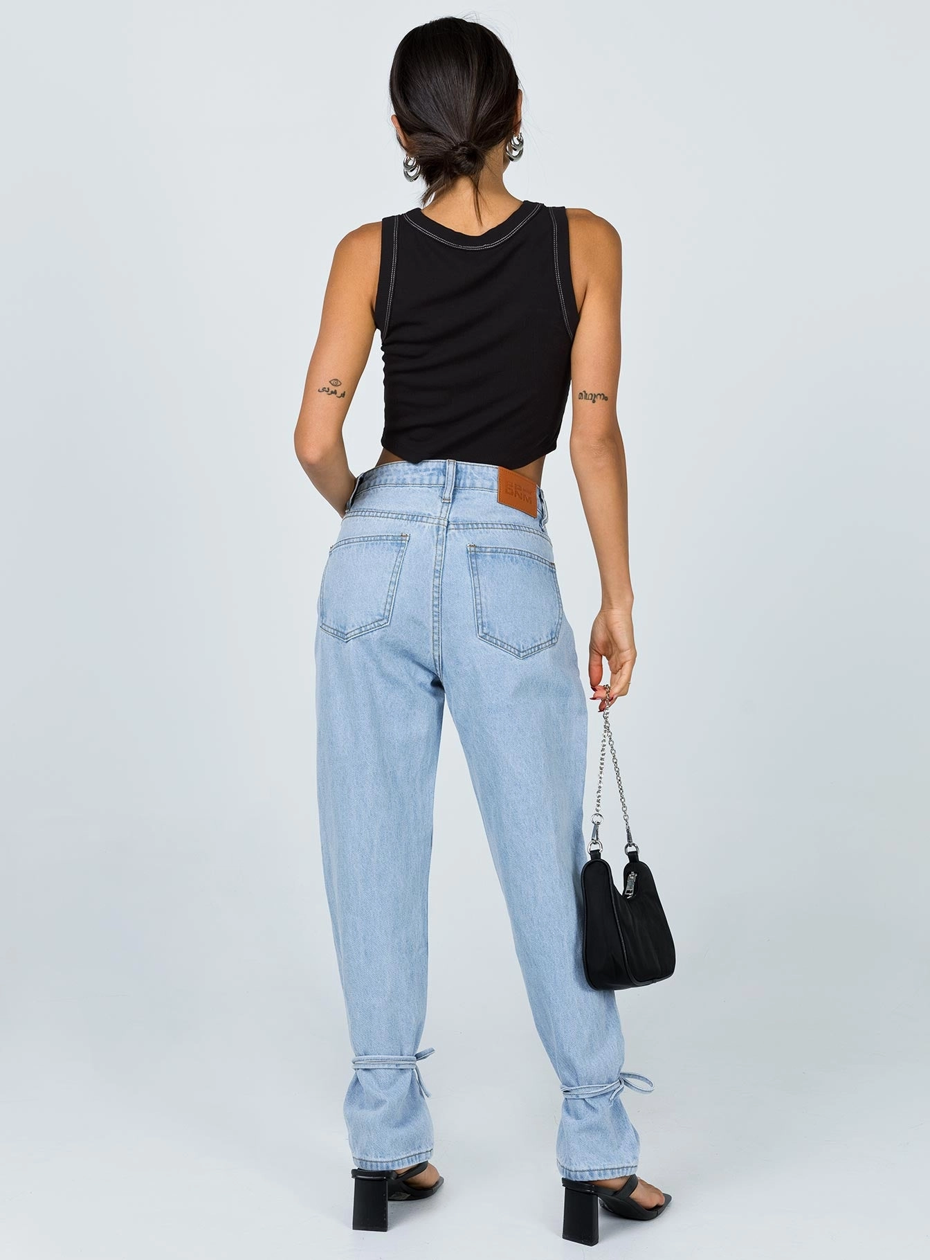 Hidden Rivet Details Connection Ankle Tie Denim Jeans