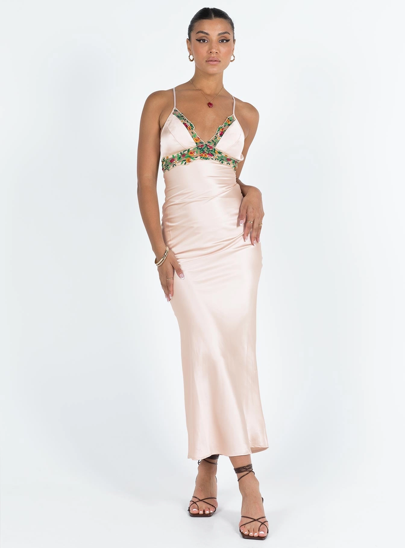 Satin-Sleeve warm tones Sadelle Maxi Dress Champagne