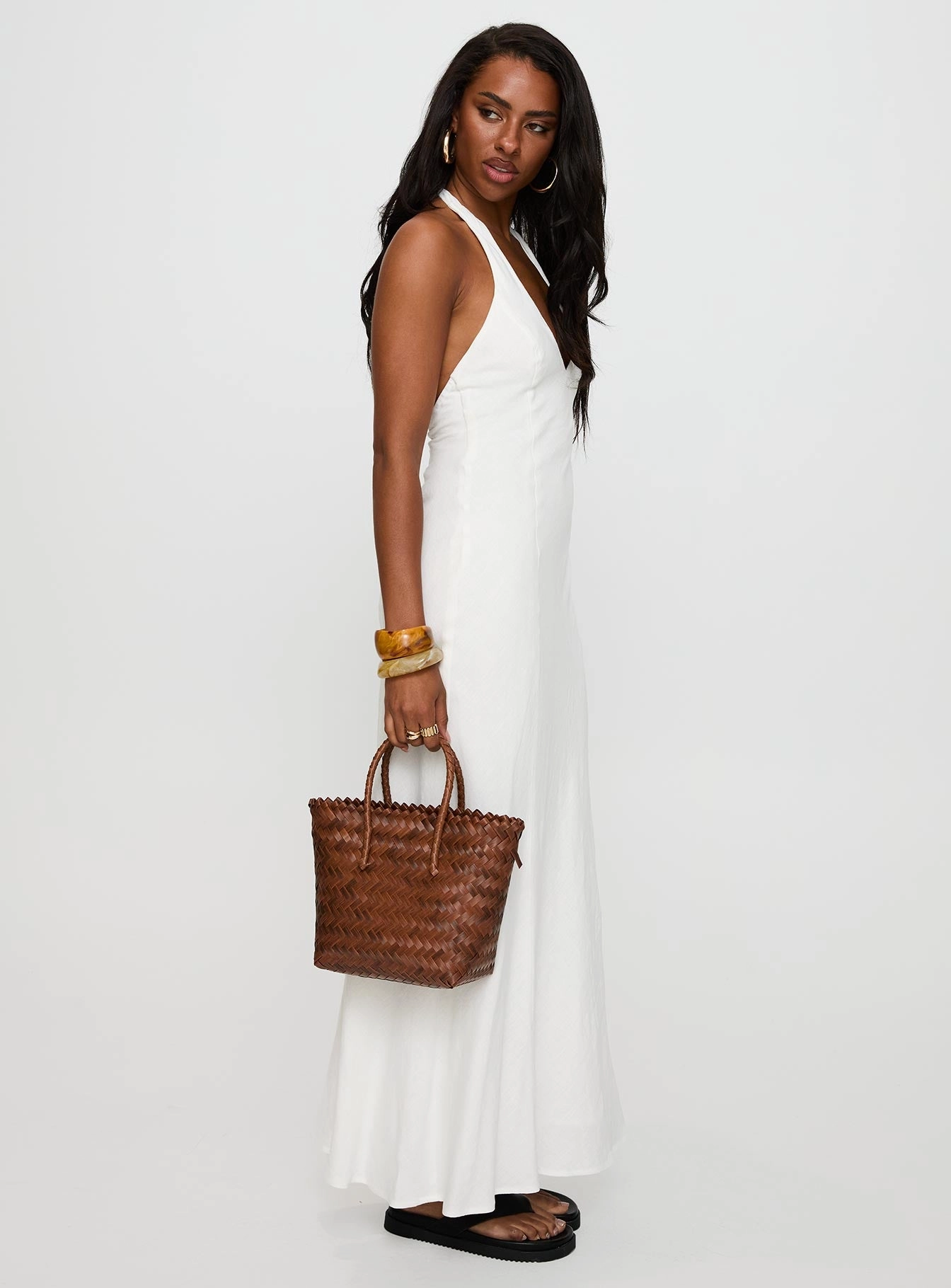 Versatile Layer Wear Color Soft Salone Linen Halter Maxi Dress White
