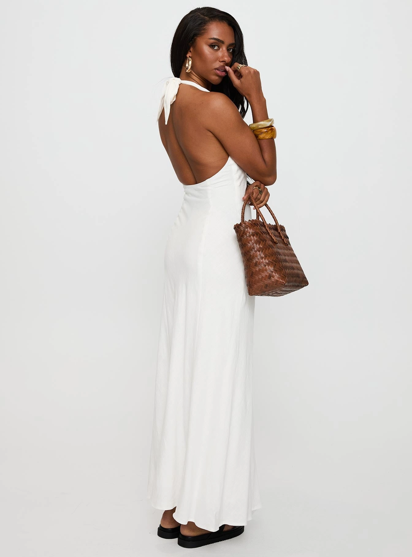 Salone Linen Halter Maxi Dress White Relaxed Finish Daily Ready