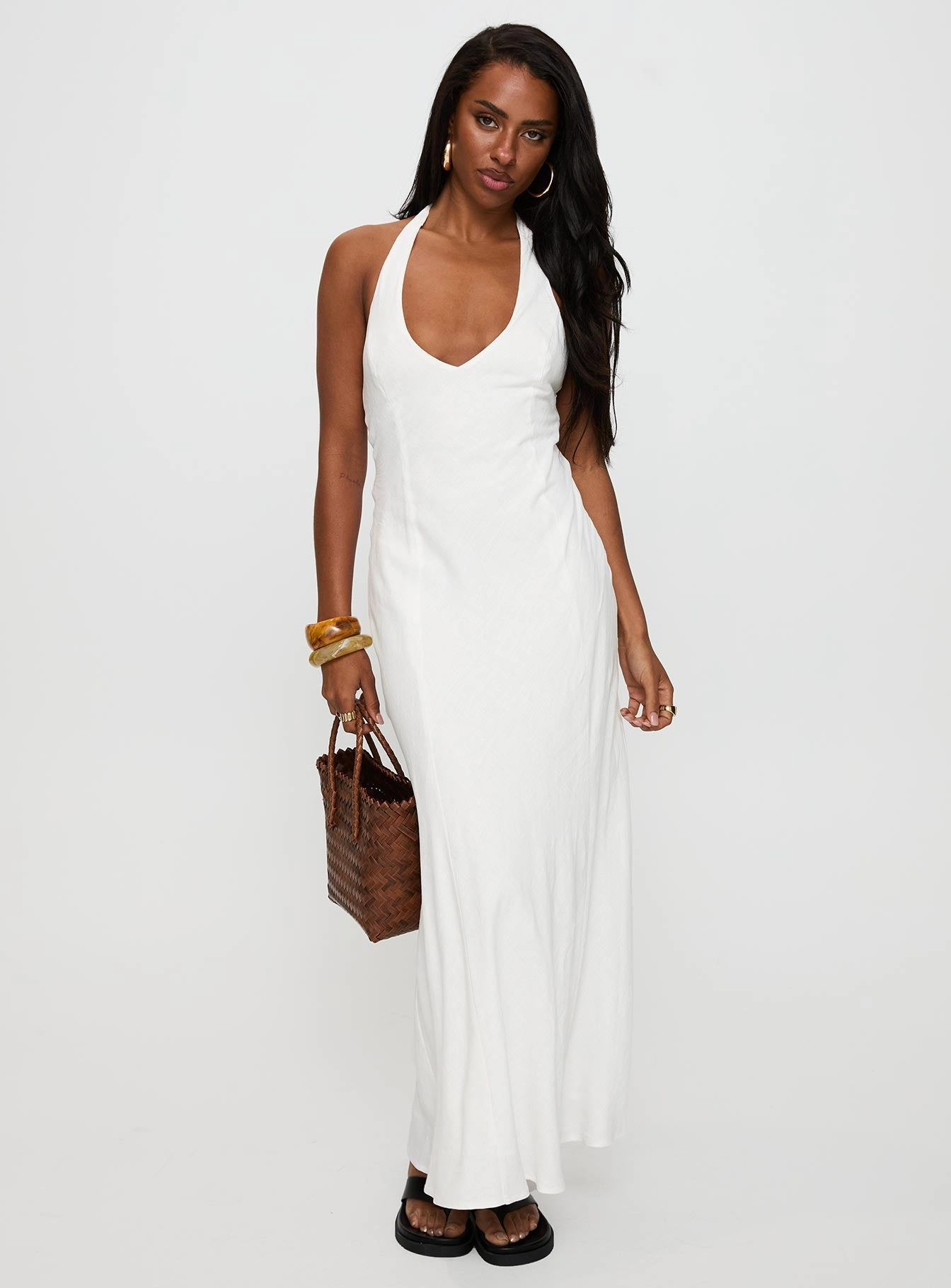 Salone Linen Halter Maxi Dress White High-Neck Church Proper