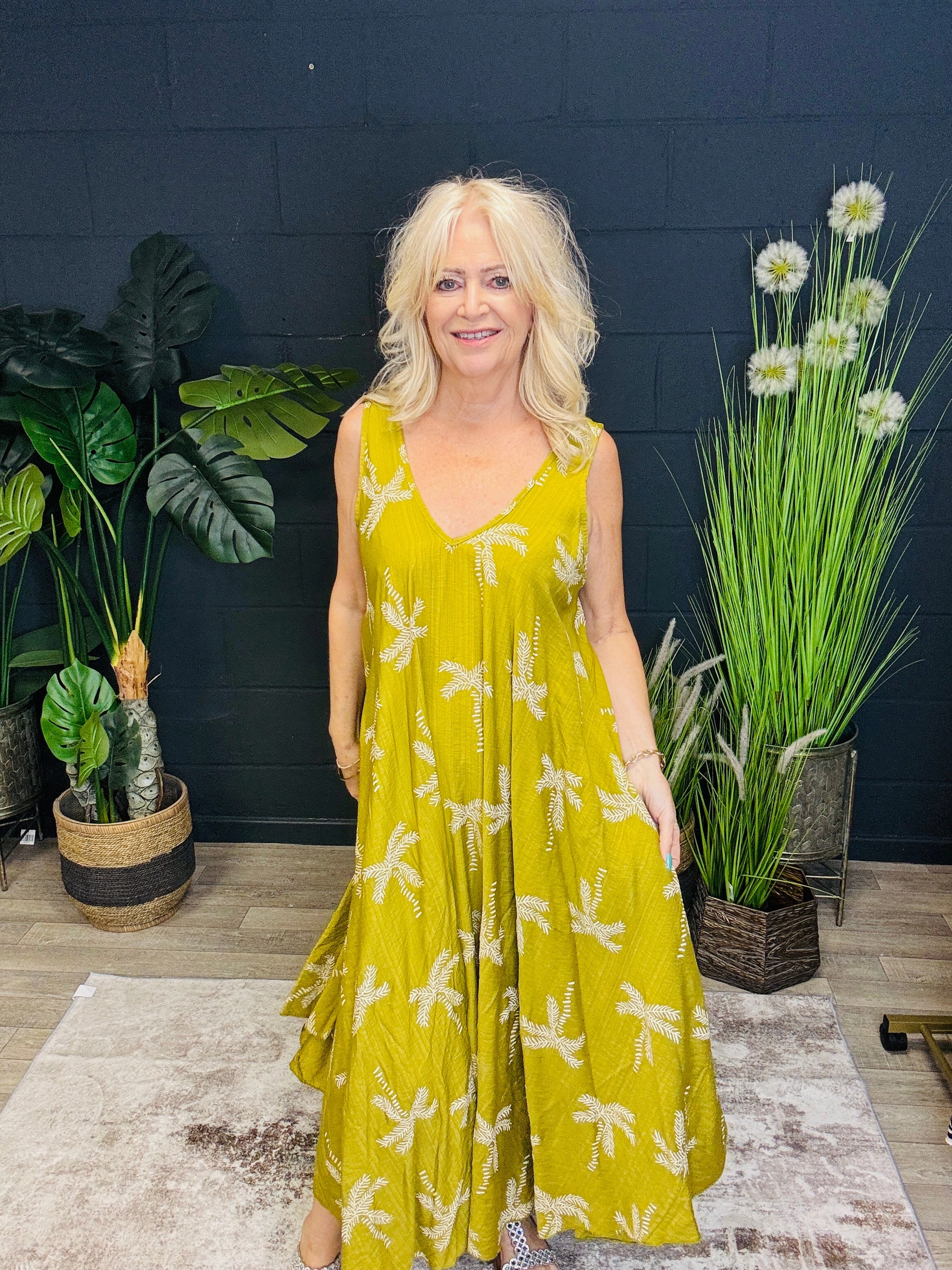 Fresh Appeal Palm Tree Handkerchief Dress Lime