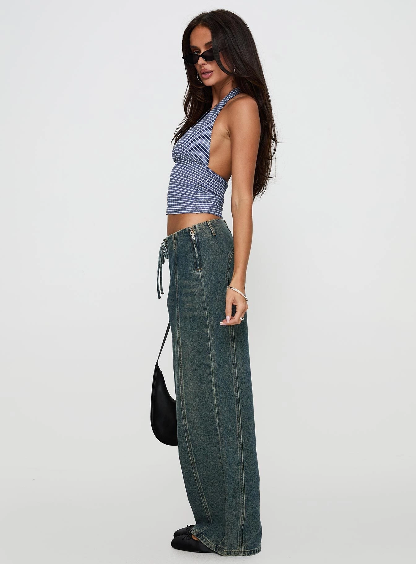 Classic Autumn Days Adult Fashion San Mateo Low Rise Wide Leg Tie Up Jeans Vintage Wash