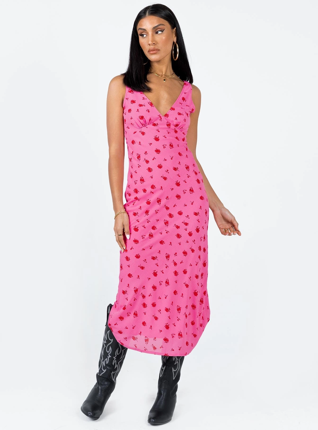 Sariah Midi Dress Pink Floral Heart Glow Pearl-Detail