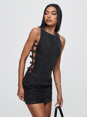 Chill Vibes petite size Chatter Buckle Side Denim Mini Dress Charcoal
