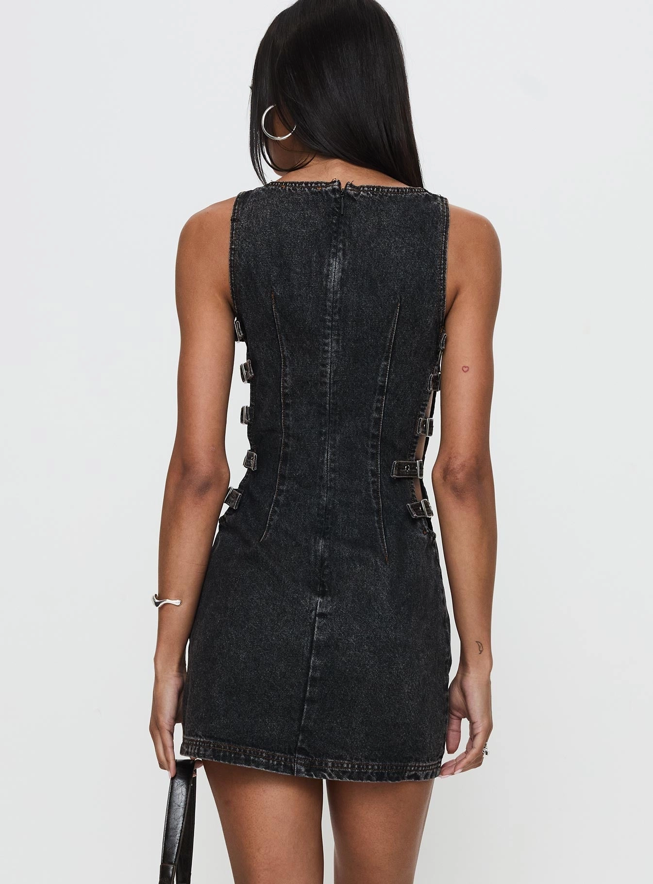 Urban Spirit Elegant Look Chatter Buckle Side Denim Mini Dress Charcoal
