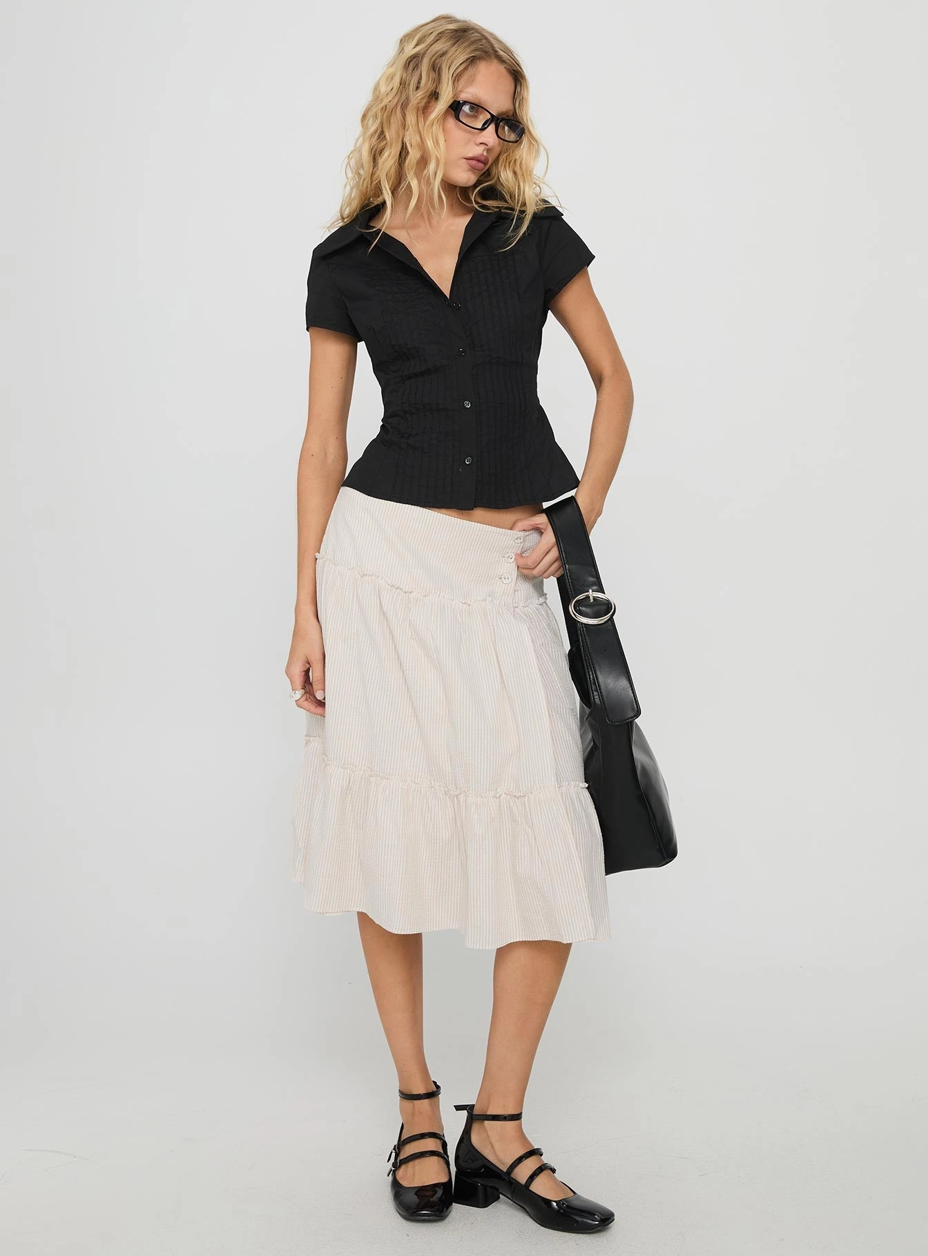 Cascades Low Rise Midi Skirt Beige / White Stripe Minimal Vibe