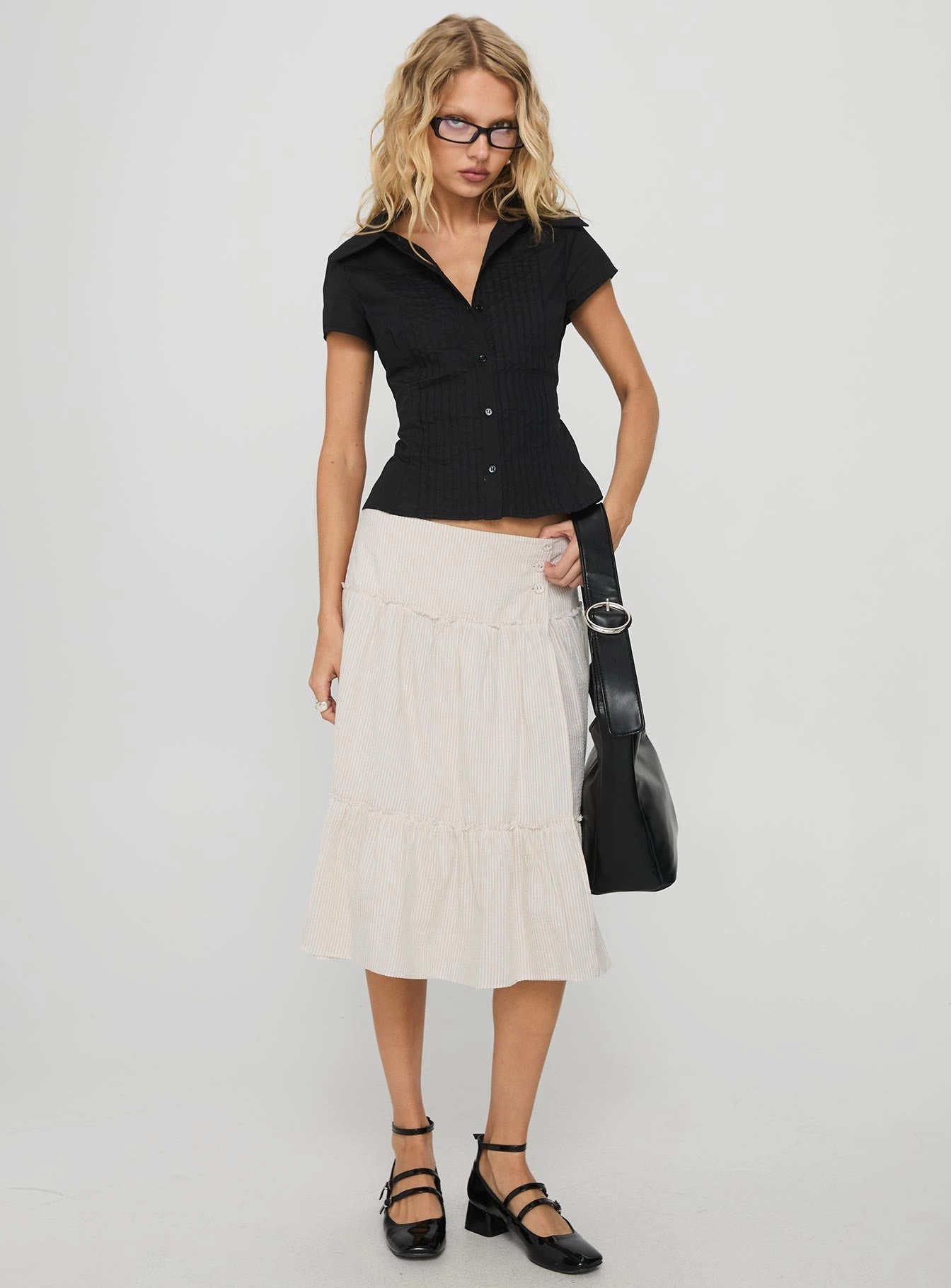 Cascades Low Rise Midi Skirt Beige / White Stripe Elegant Flow Light Fabric
