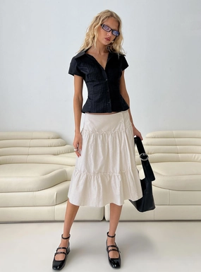 Cascades Low Rise Midi Skirt Beige / White Stripe Twist Front Design Laid Back Look