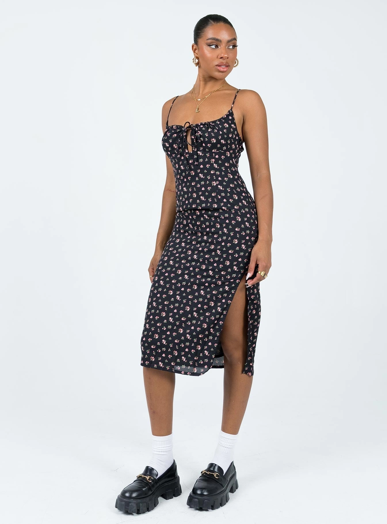 Noda Midi Dress Black / Floral Hook-And-Eye SeamlessConstruction