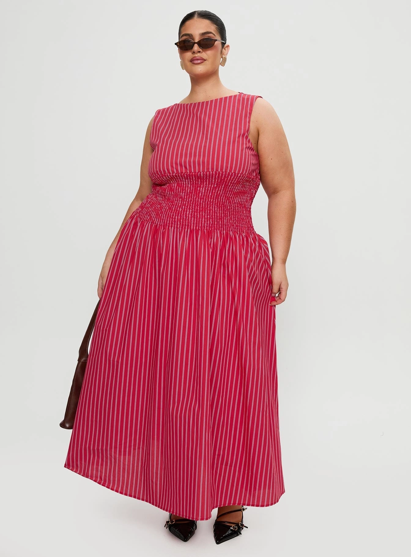 Classic Fit Lilienne Cotton Poplin Maxi Dress Red Stripe Curve