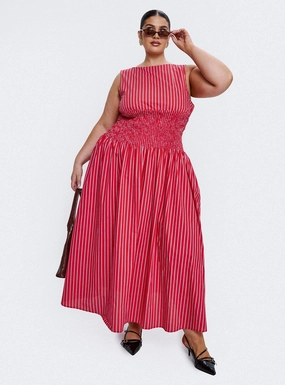 Fresh Aesthetic Lilienne Cotton Poplin Maxi Dress Red Stripe Curve