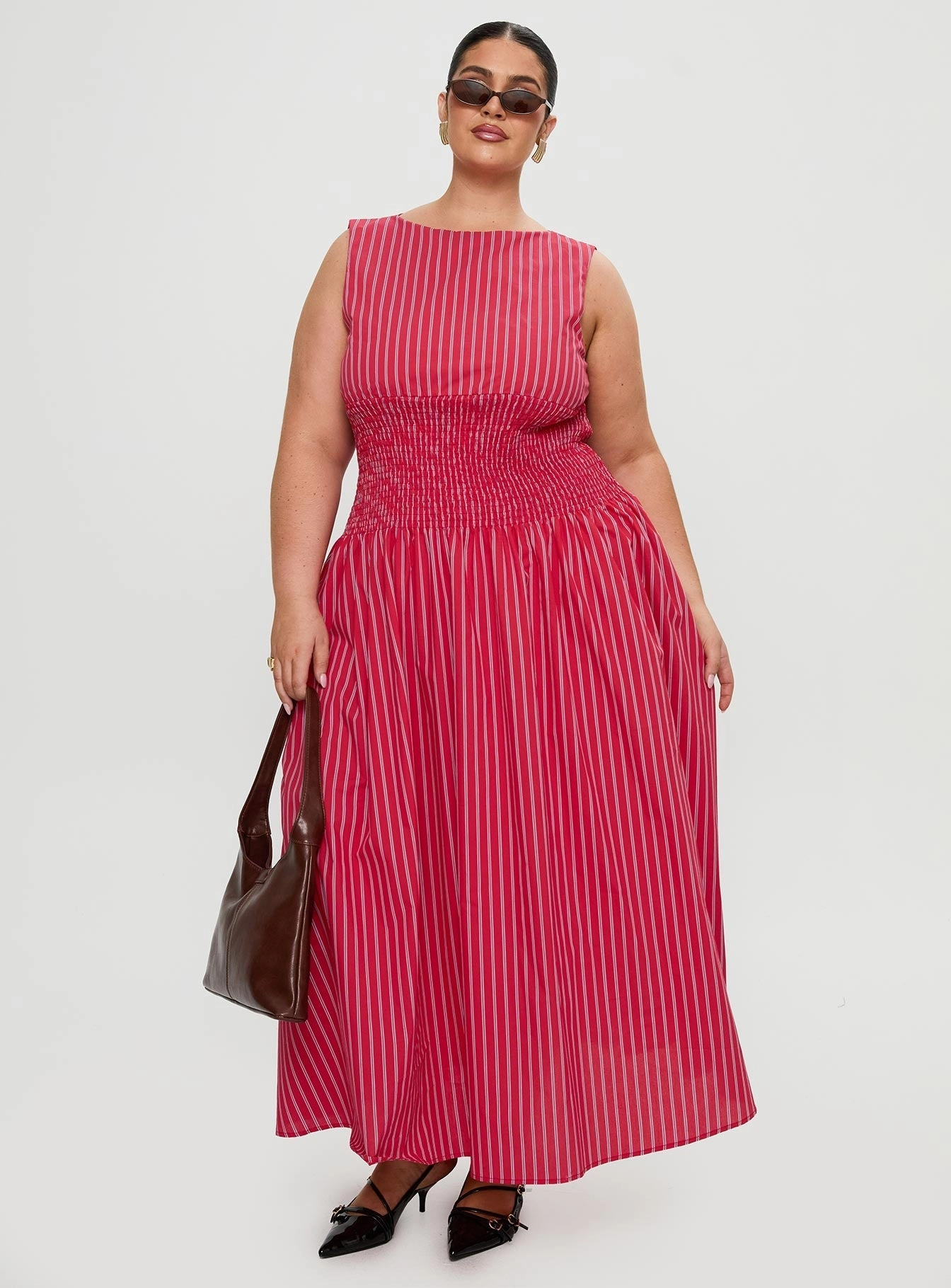 Urban Style Trendy Everyday Lilienne Cotton Poplin Maxi Dress Red Stripe Curve