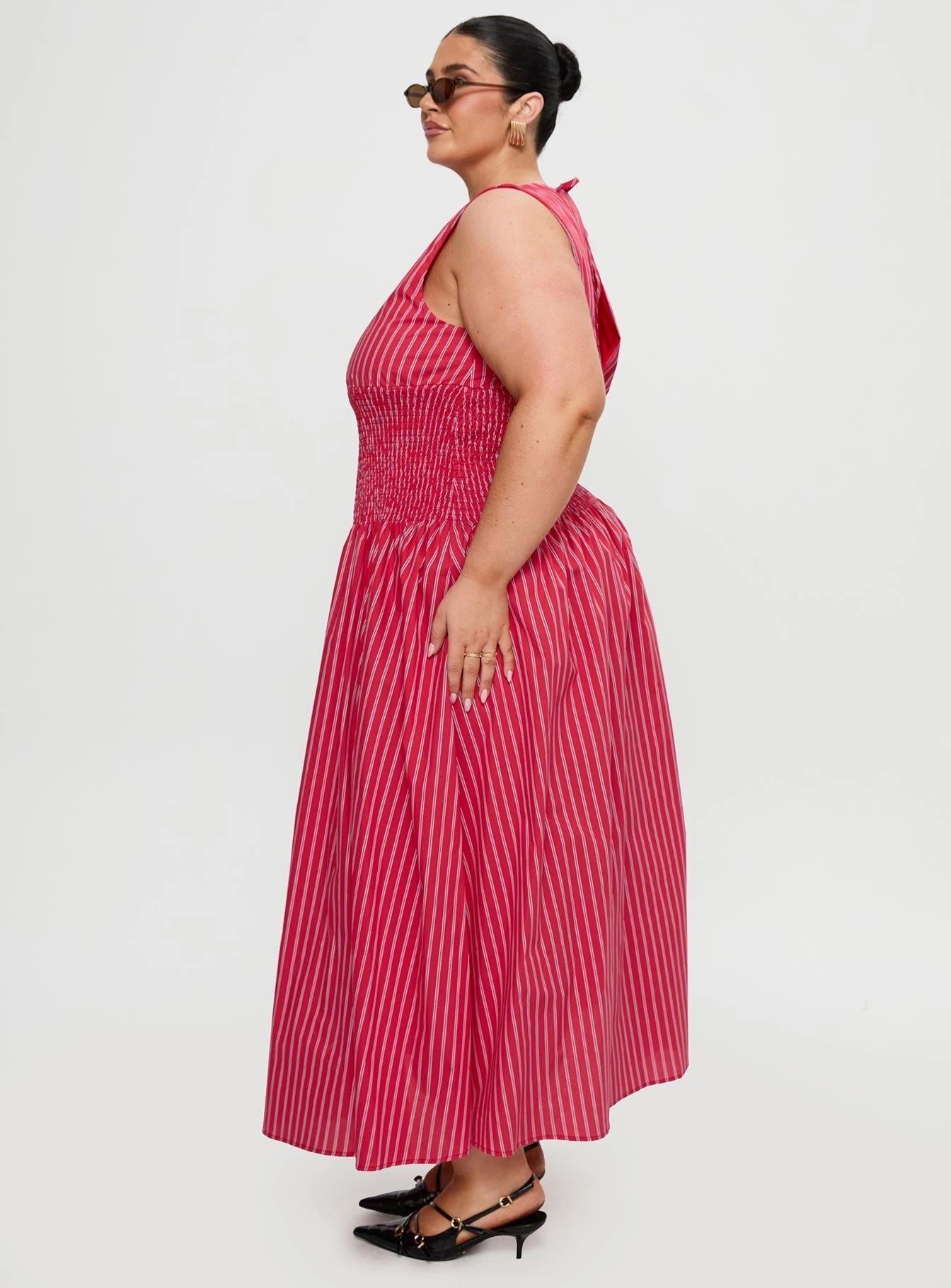 Lilienne Cotton Poplin Maxi Dress Red Stripe Curve Layered-Sleeve