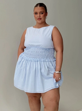 Yennifer Shirred Mini Dress Blue / White Curve Stain-Guard-Finish Gathered Skirt