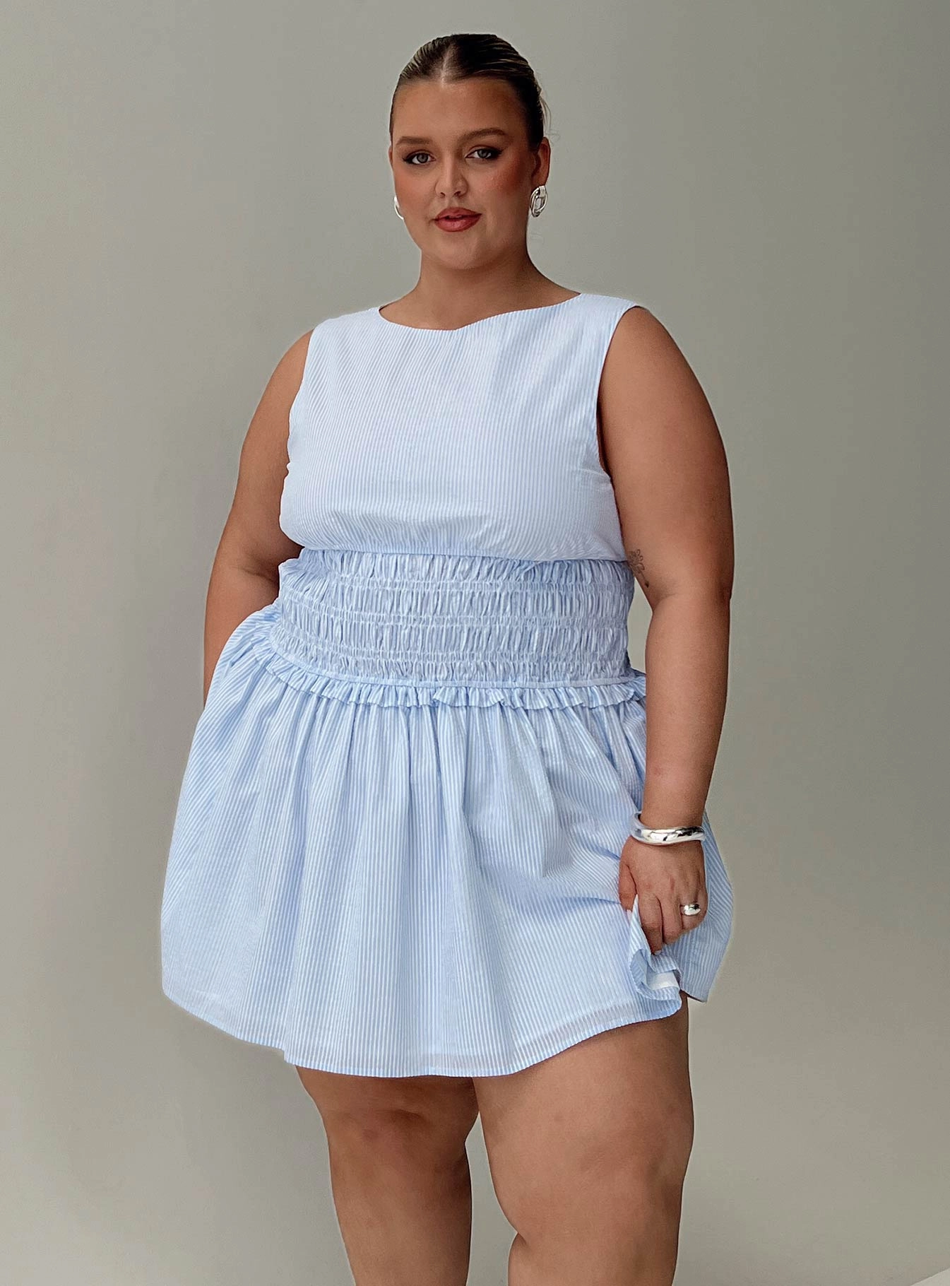 Yennifer Shirred Mini Dress Blue / White Curve Stain-Guard-Finish Gathered Skirt