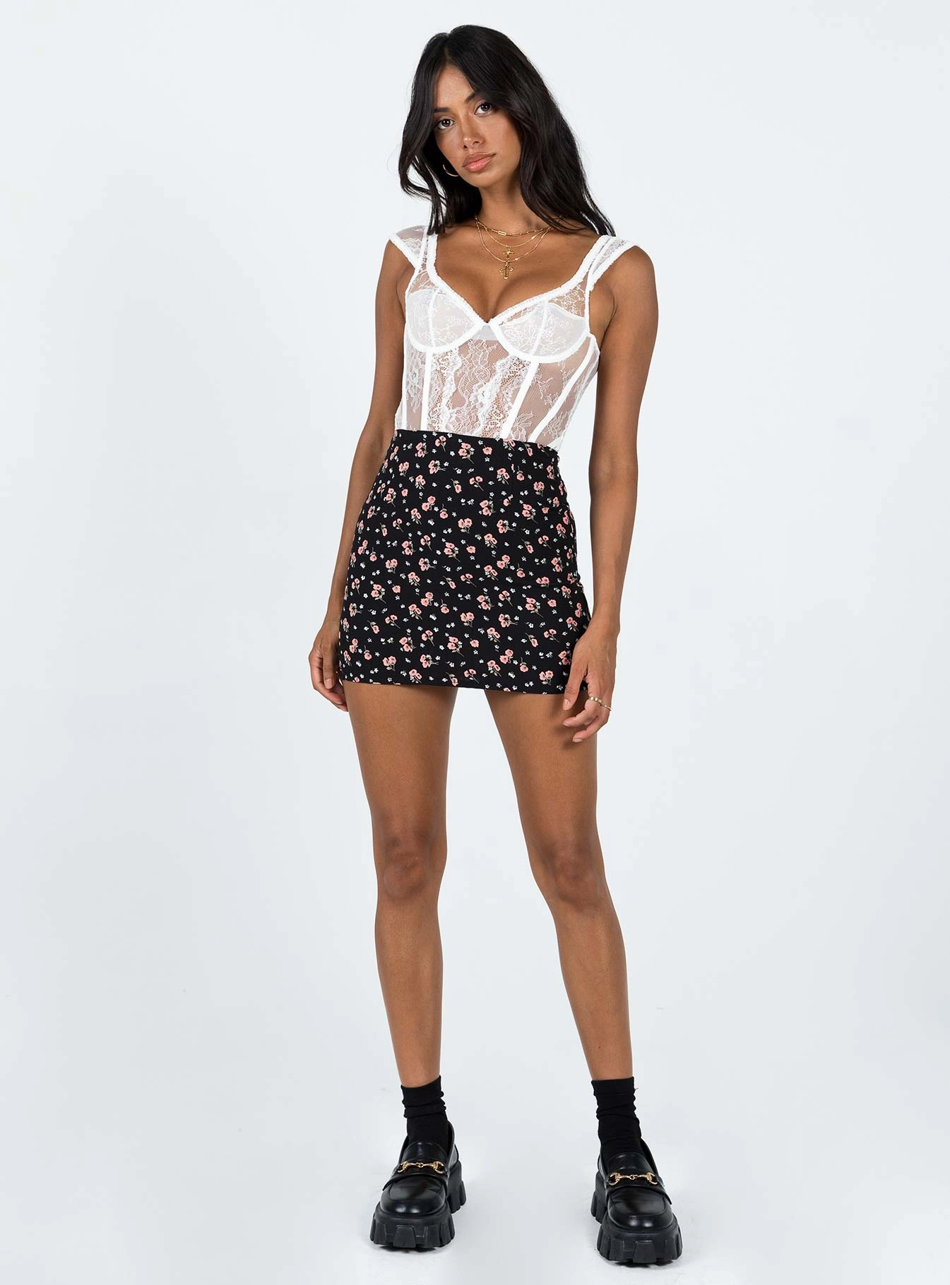 Selby Mini Skirt Black Floral Easy Layer Cool Tone