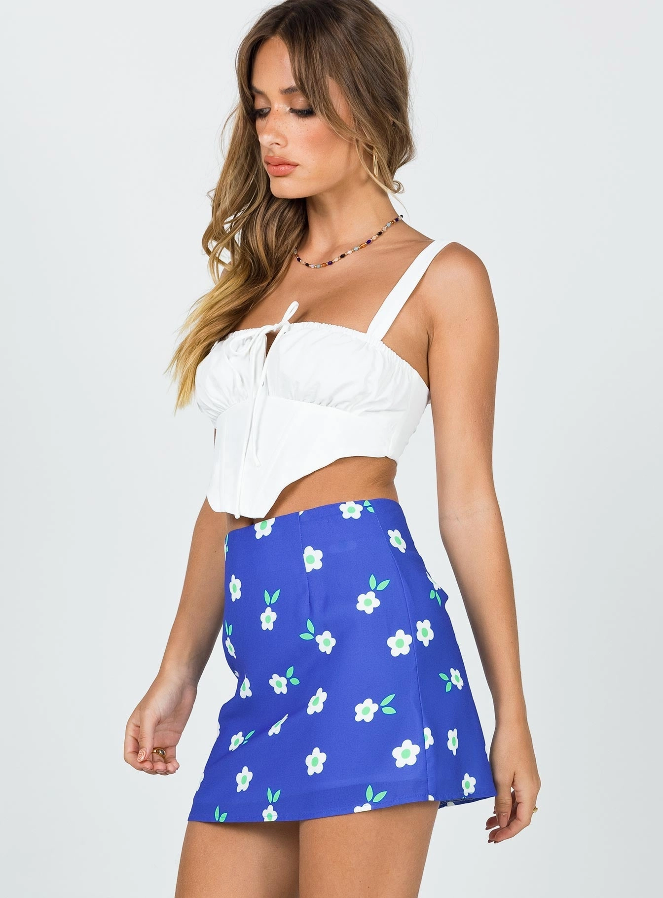 Selby Mini Skirt Blue Floral Stretch Material