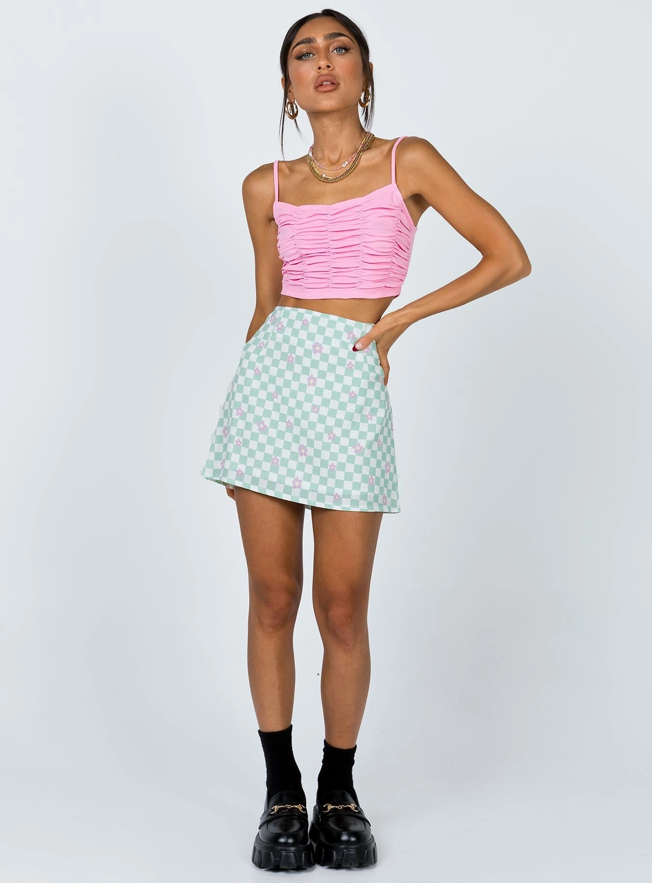 Tonal Layering Wardrobe Classic Selby Mini Skirt Green Floral Check