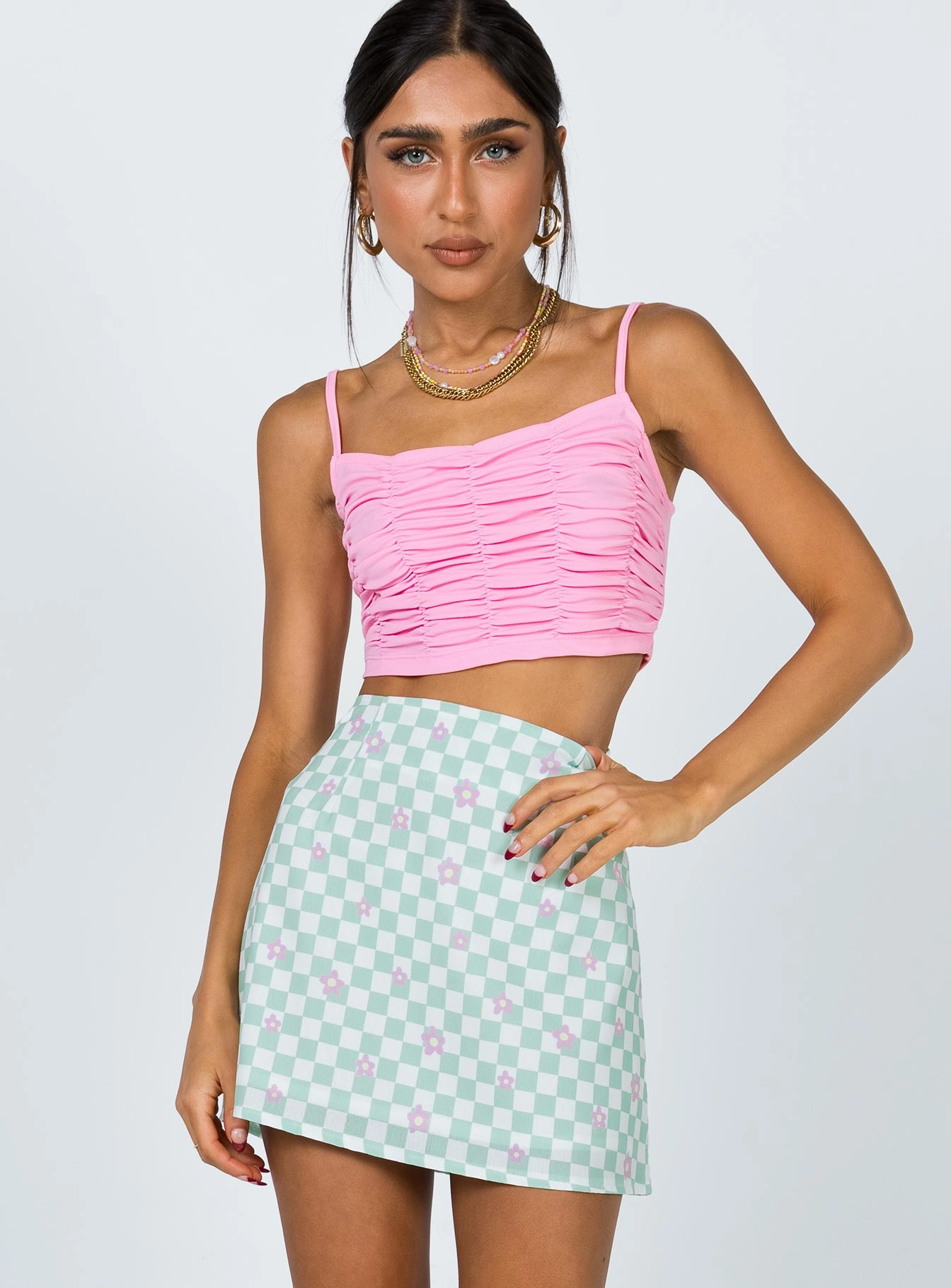 Selby Mini Skirt Green Floral Check Seasonal Must Have