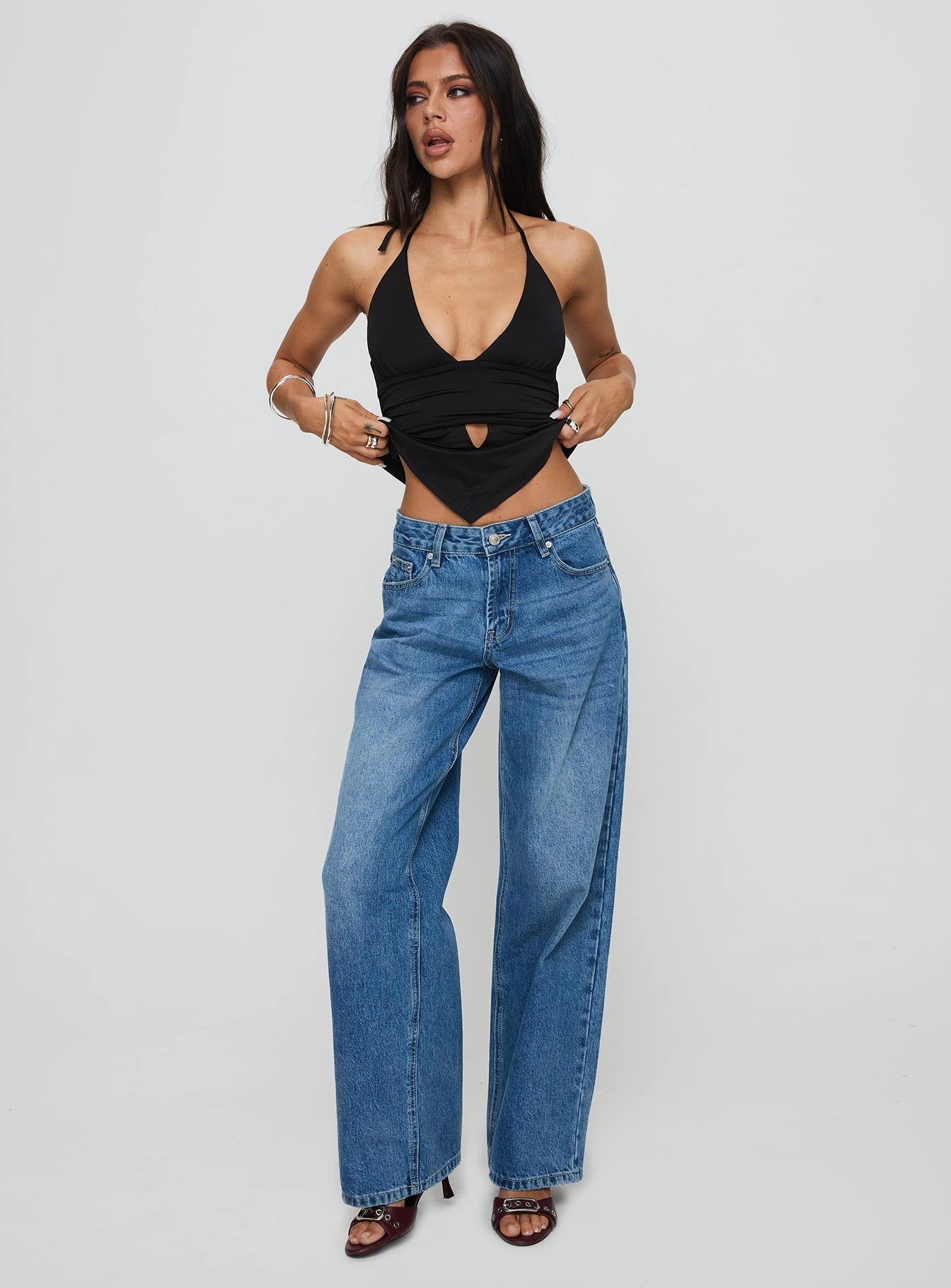 Brunch Outfit Classic Wear Luxury Riveted Stress Points Serenitia Mid Rise Straight Leg Jeans Mid Blue Wash Tall