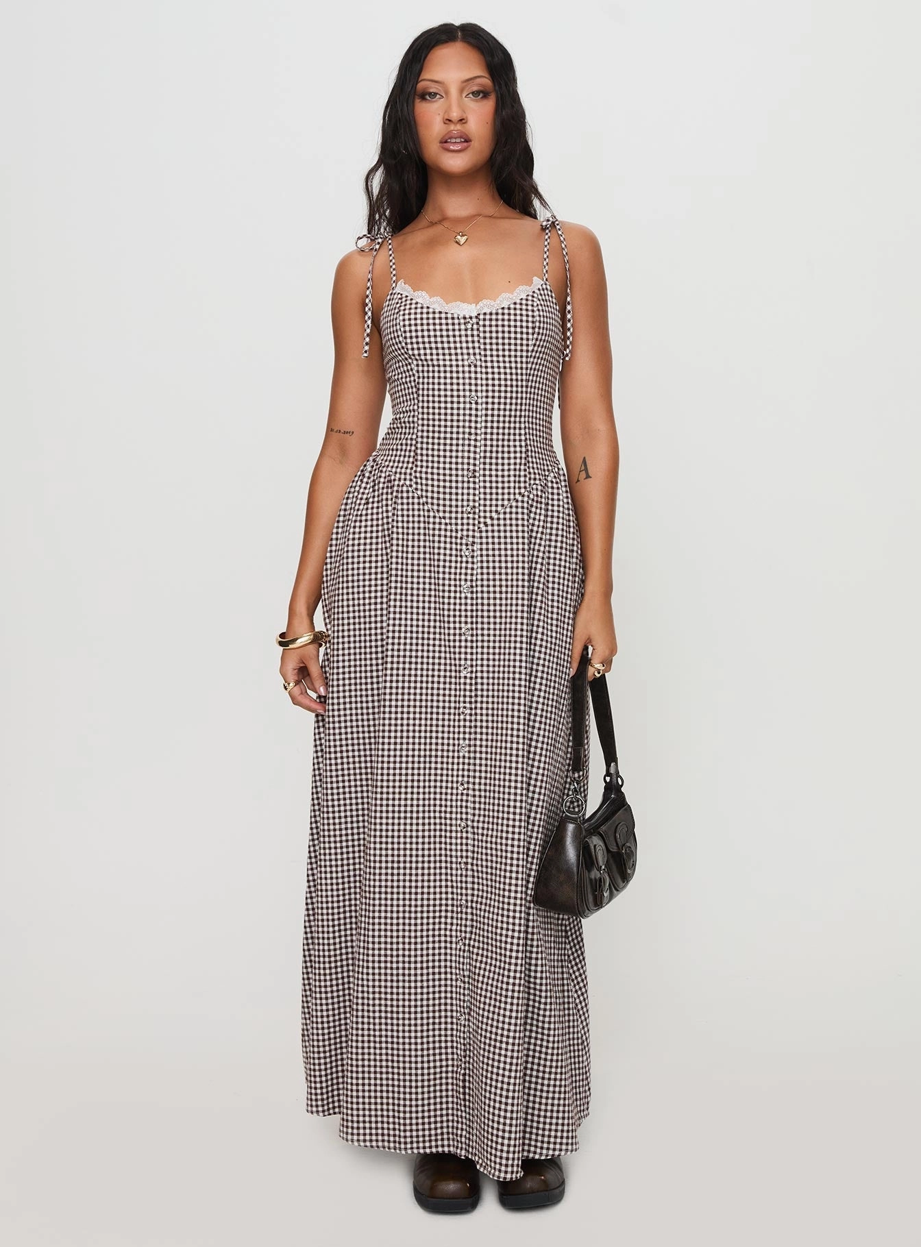 All-Occasion Wear Dalanie Tie Strap Maxi Dress Brown Gingham Petite