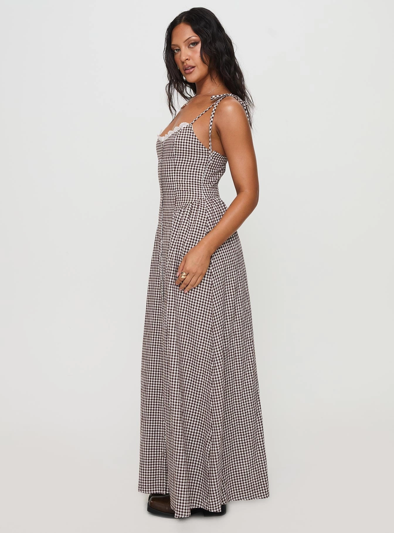 Delicate Mood Dalanie Tie Strap Maxi Dress Brown Gingham Petite