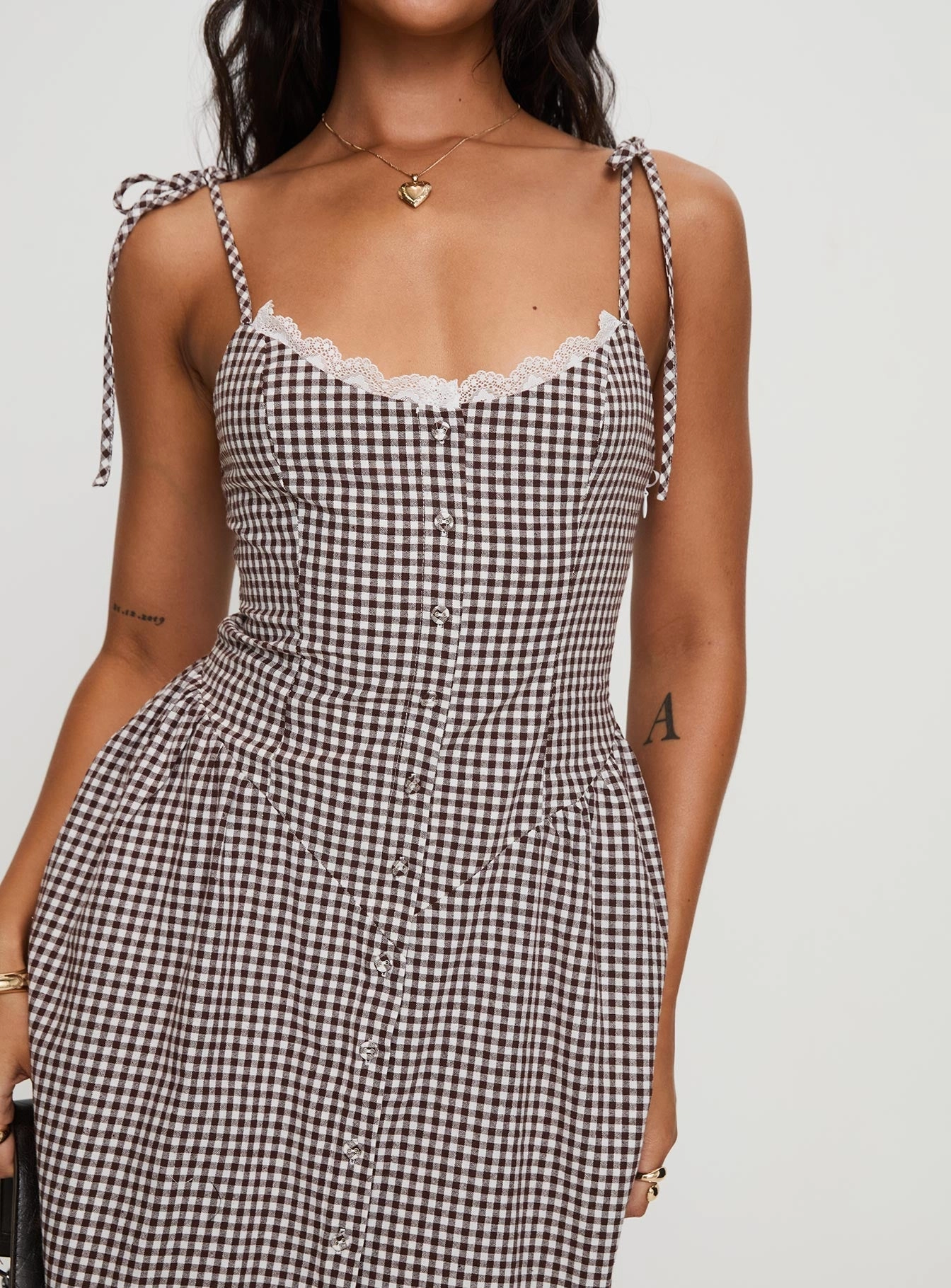 Dalanie Tie Strap Maxi Dress Brown Gingham Petite Romantic Style Invisible-Zip