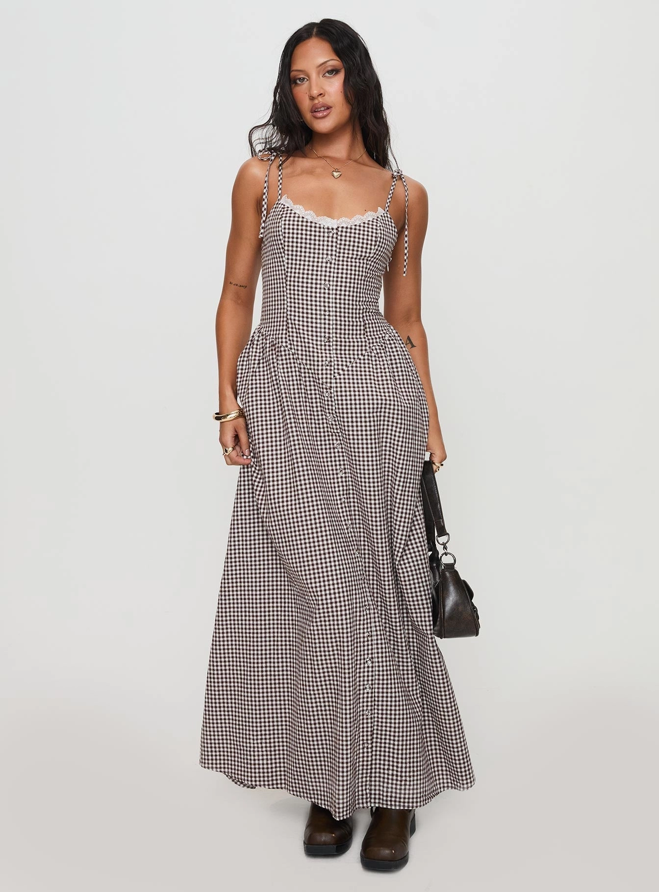 Dalanie Tie Strap Maxi Dress Brown Gingham Petite Trend Detail Must-have