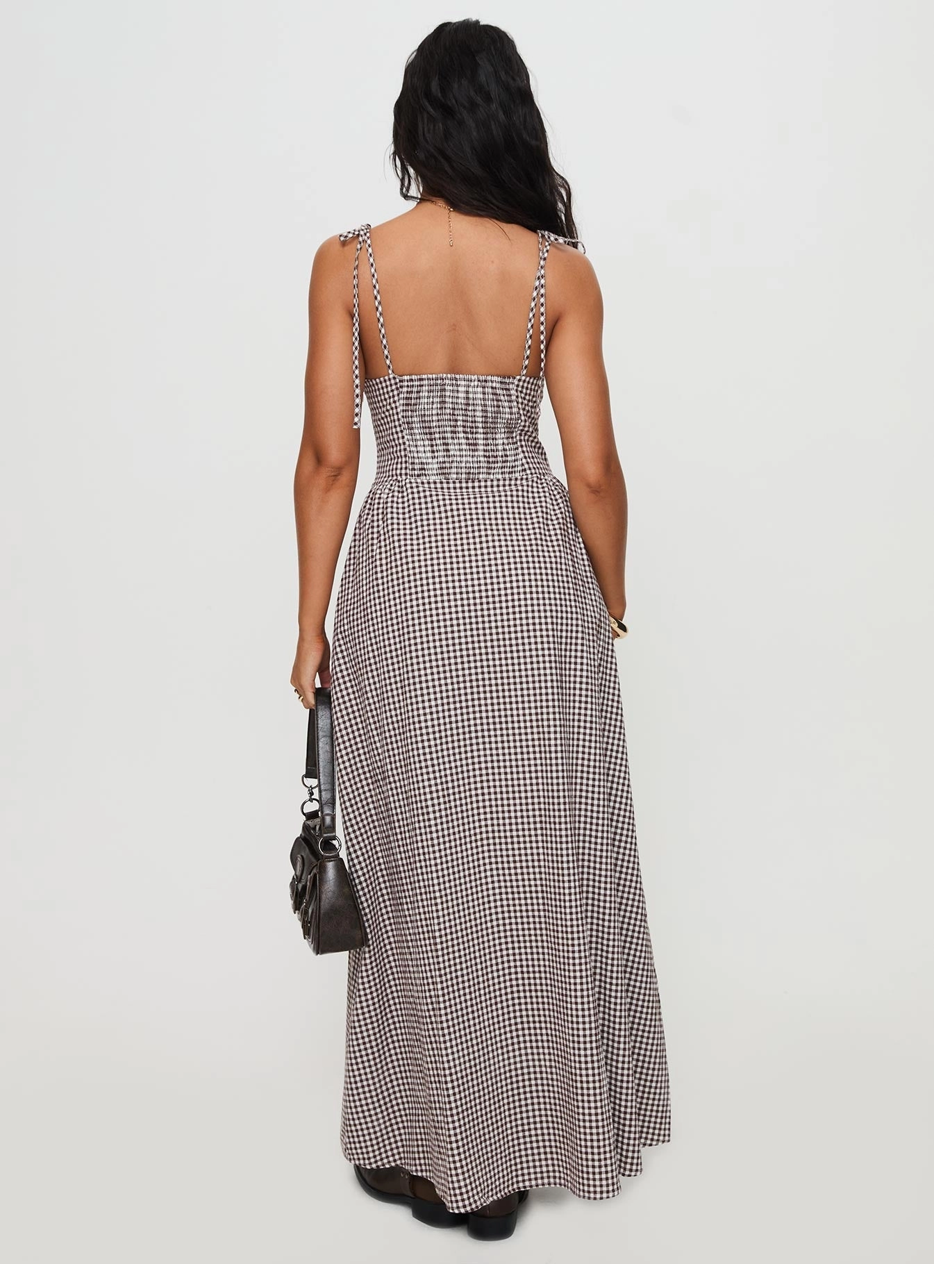 Layered Texture Classic Flow Dalanie Tie Strap Maxi Dress Brown Gingham Petite