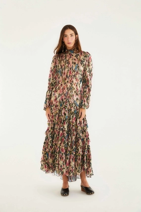 Flowing Layers All Moments Sheath Shape Pink Blurred Tiny Flowers Long Sleeve Maxi Dress