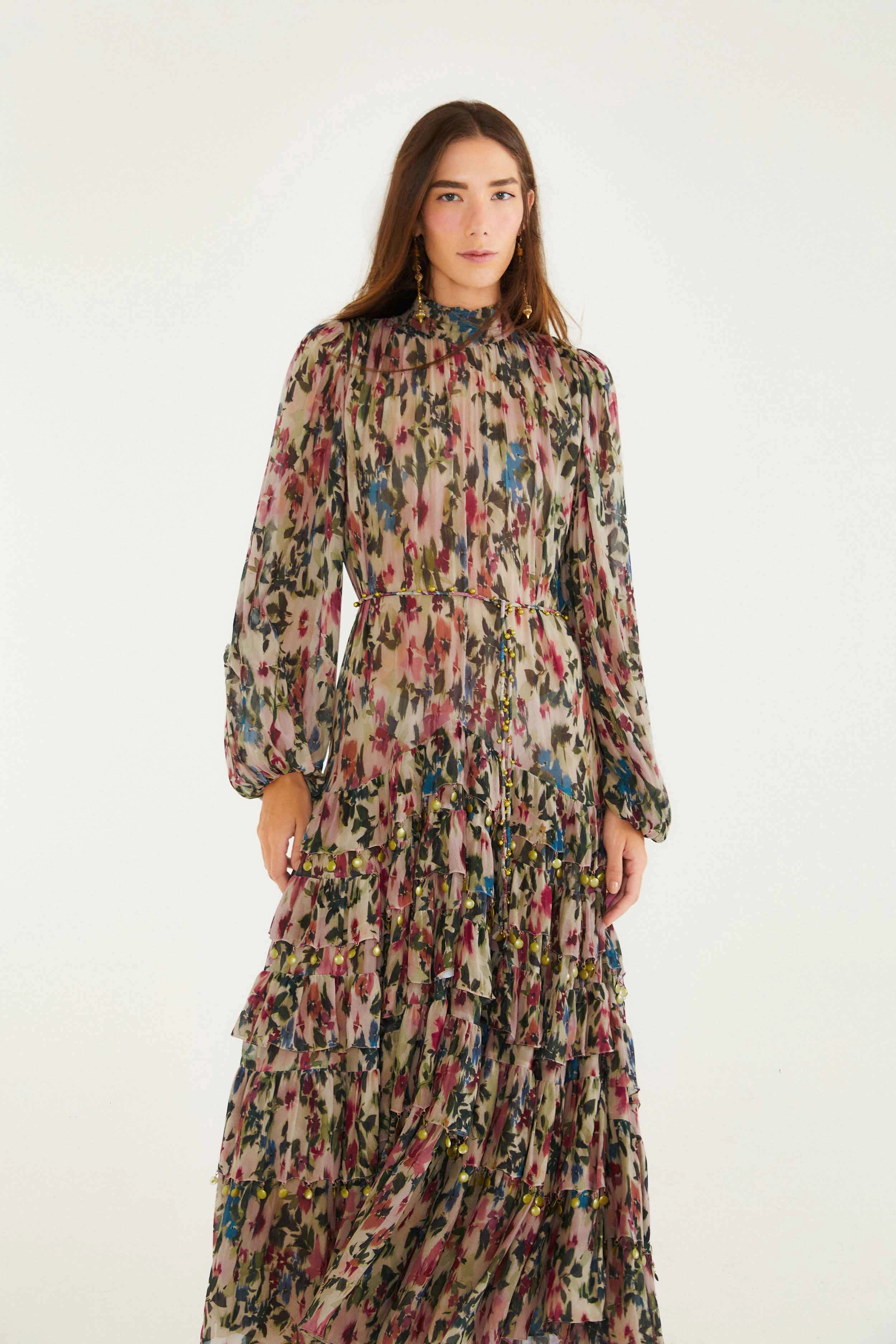 Zip Ease Ruched-Detail Sheath Shape Pink Blurred Tiny Flowers Long Sleeve Maxi Dress
