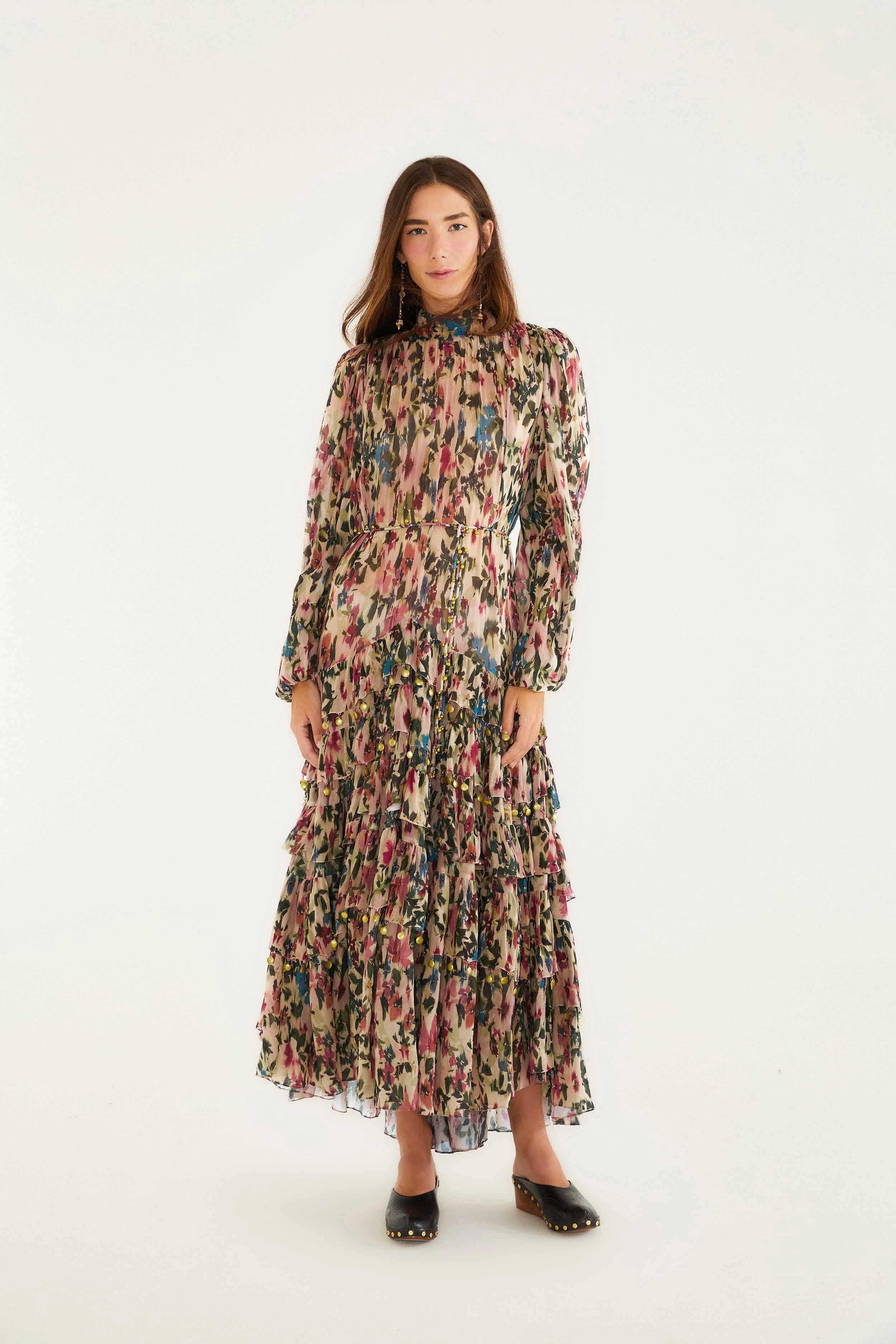Sheath Shape Pink Blurred Tiny Flowers Long Sleeve Maxi Dress Relax Piece Fashionable Layer