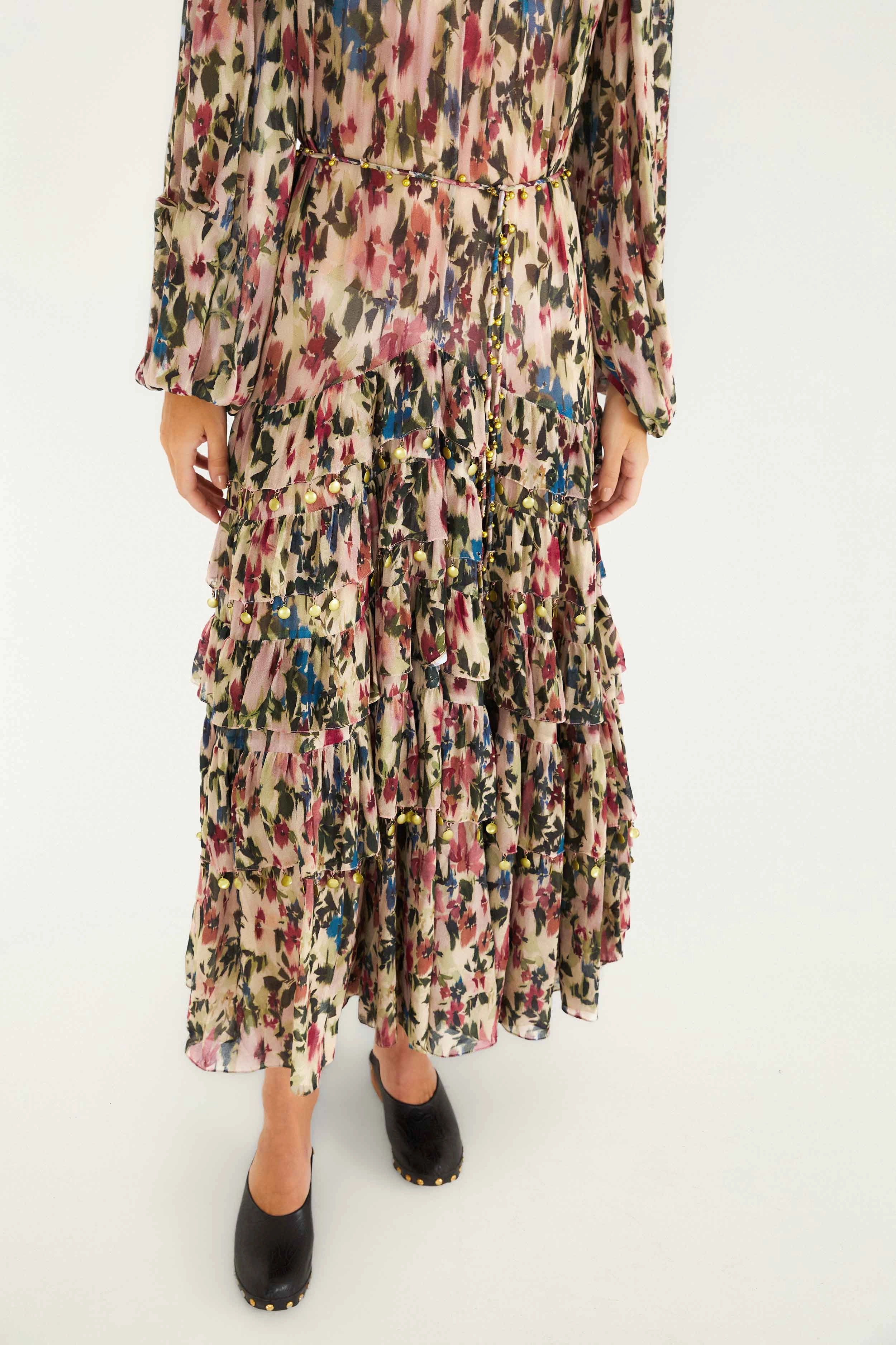 Love Glow Sheath Shape Pink Blurred Tiny Flowers Long Sleeve Maxi Dress