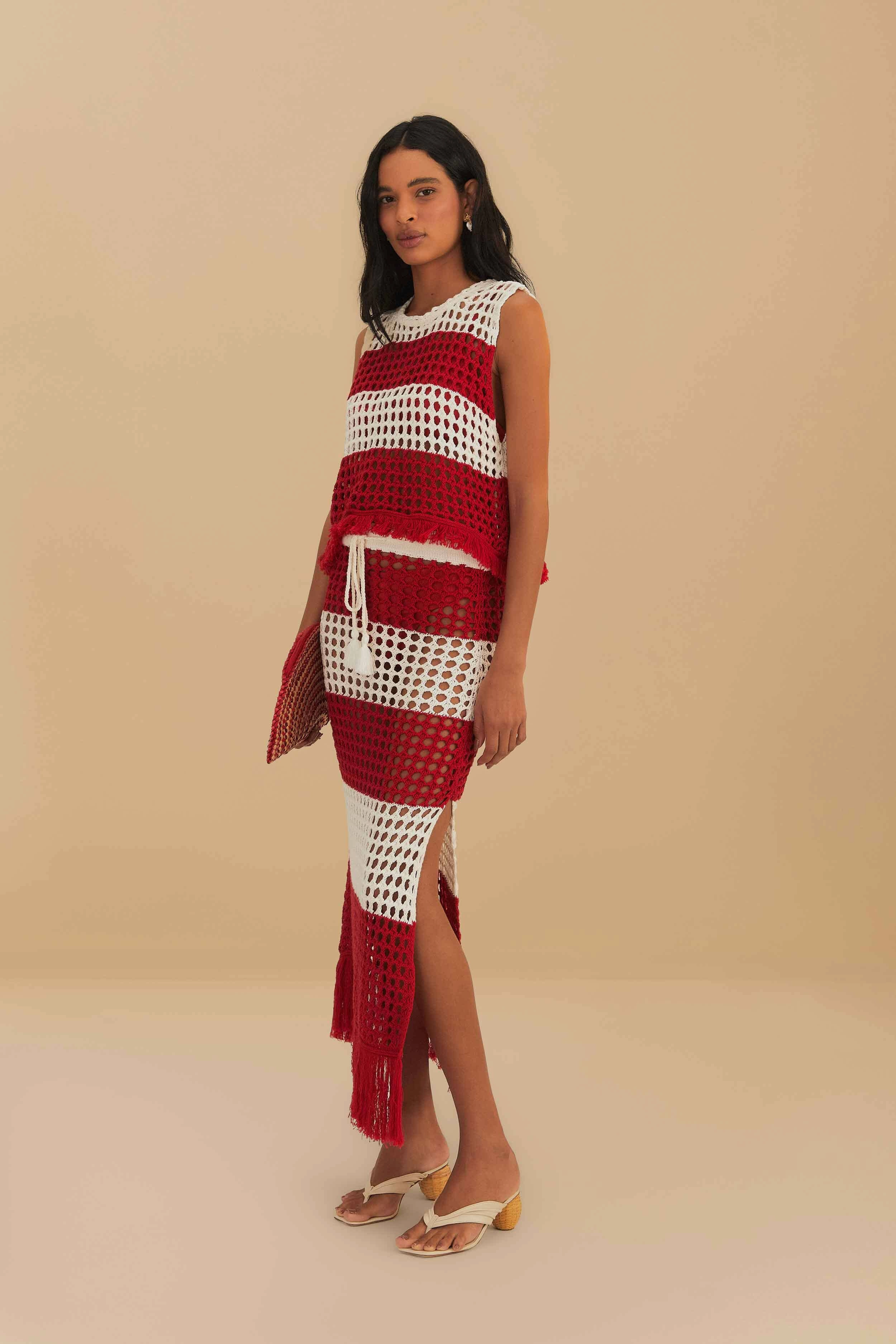 Bestseller Item Eco Friendly Dye RED STRIPES CROCHET SKIRT