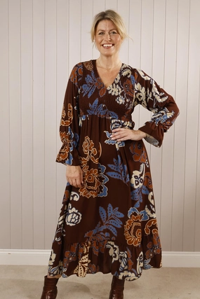 Crisp Finish Smart Fashion Shirred Floral Maxi Dress Chocolate