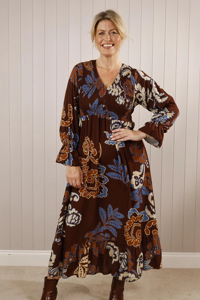Crisp Finish Smart Fashion Shirred Floral Maxi Dress Chocolate