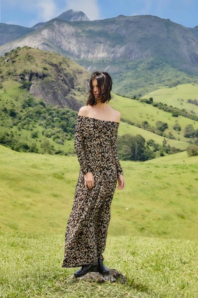 Pure Fabric Subtle-Print Short Sleeve Black Tiny Flowers Long Sleeve Maxi Dress