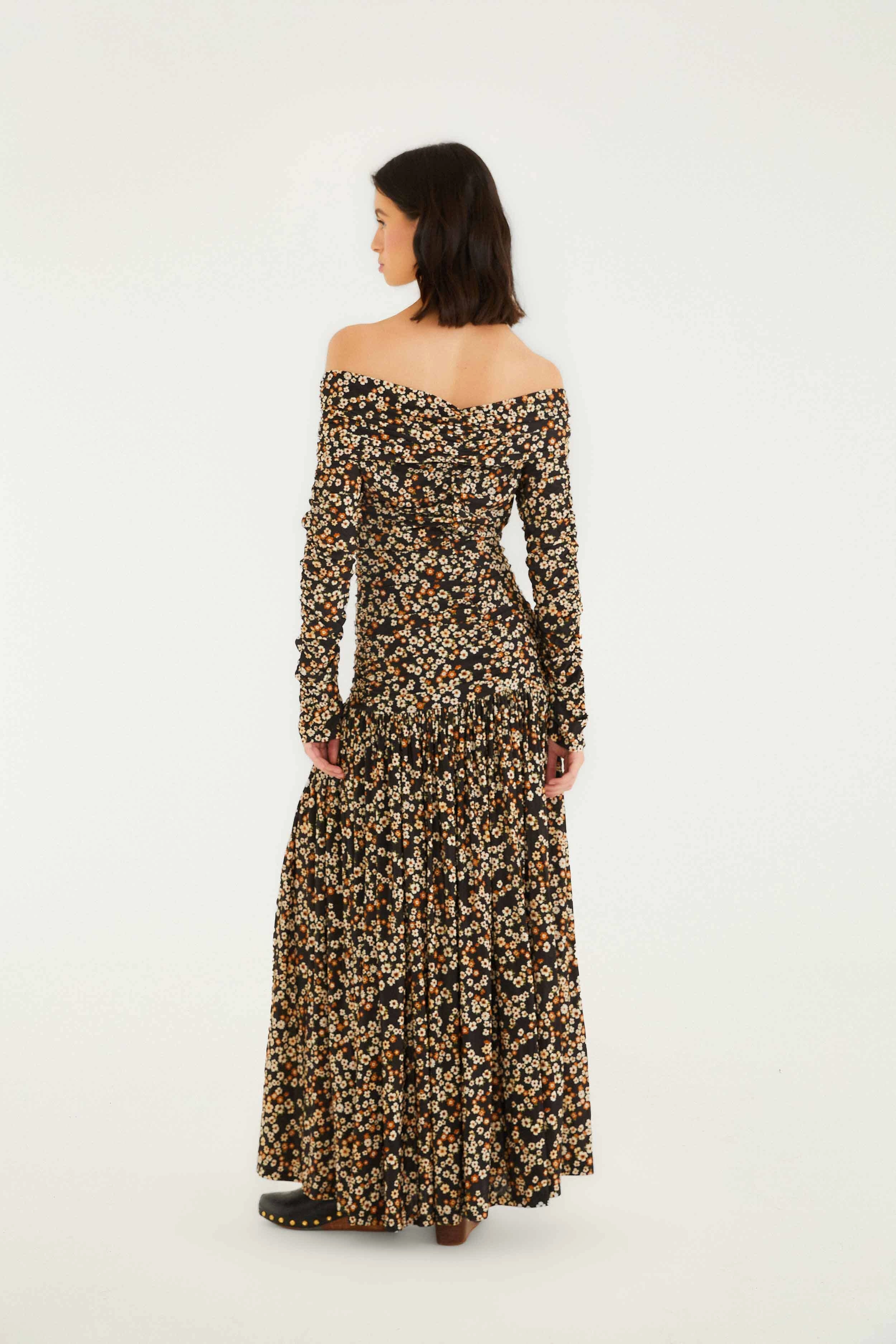 Short Sleeve Black Tiny Flowers Long Sleeve Maxi Dress Linen Love Relaxed Comfort