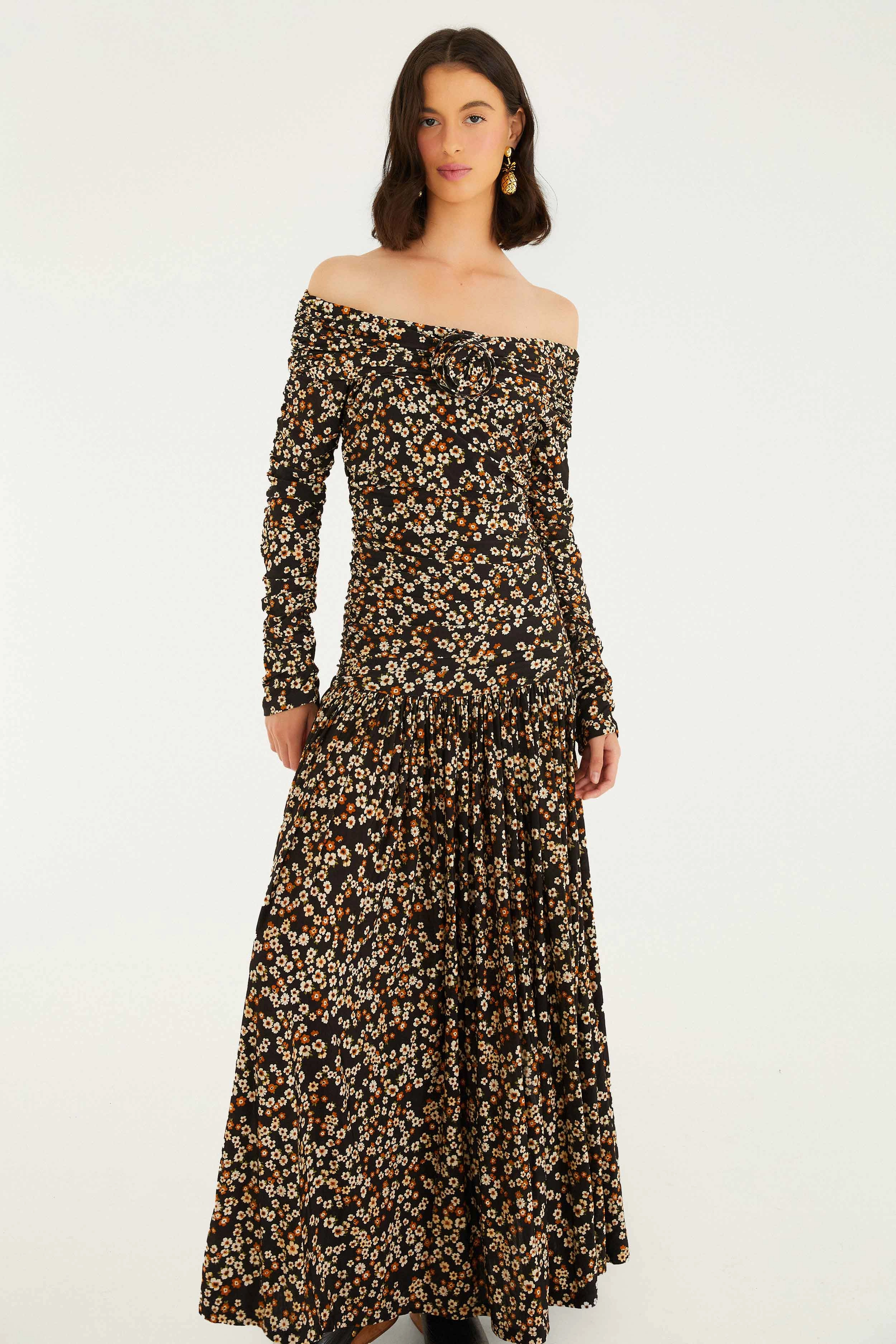 Mix-And-Match Move Easy Short Sleeve Black Tiny Flowers Long Sleeve Maxi Dress